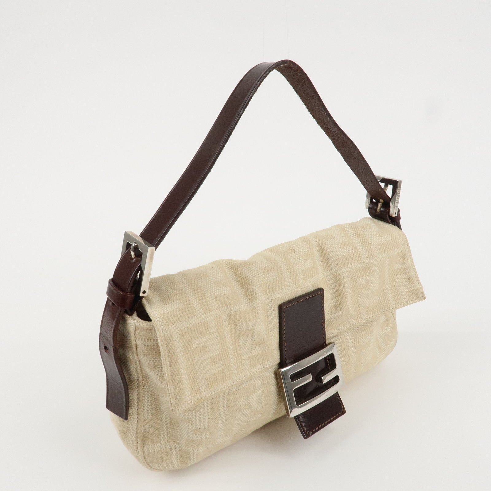 FENDI Mamma Baguette Zucca Leather Canvas Hand Bag Beige Brown 26424 Used