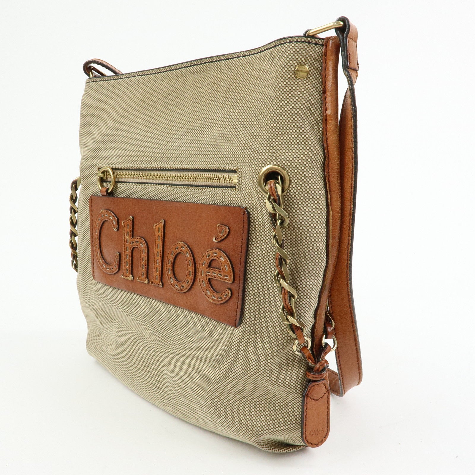 Chloe Harley Canvas Leather Shoulder Bag Crossbody Bag Beige Brown