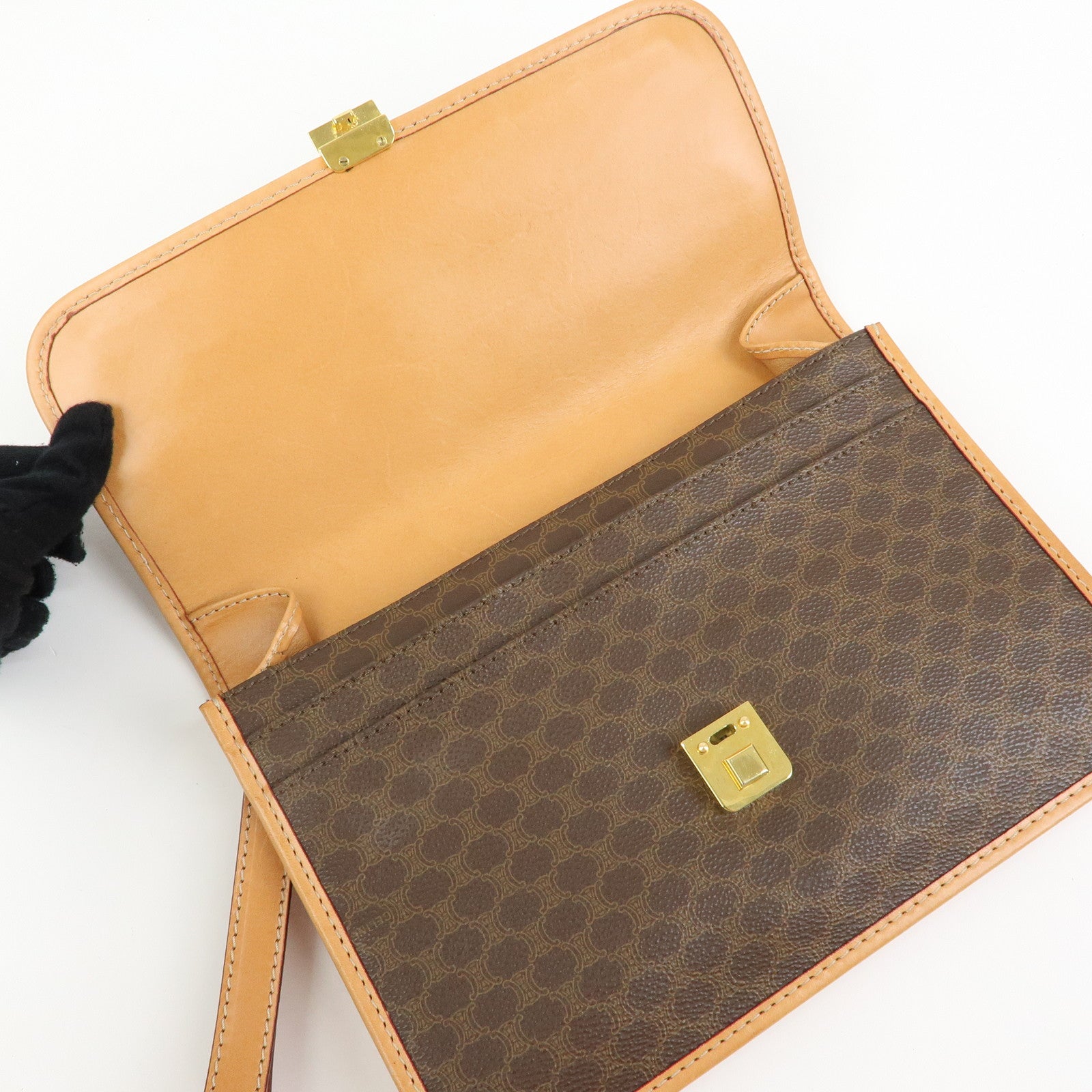CELINE Logo Macadam PVC Leather Clutch Bag Flat Pouch Brown