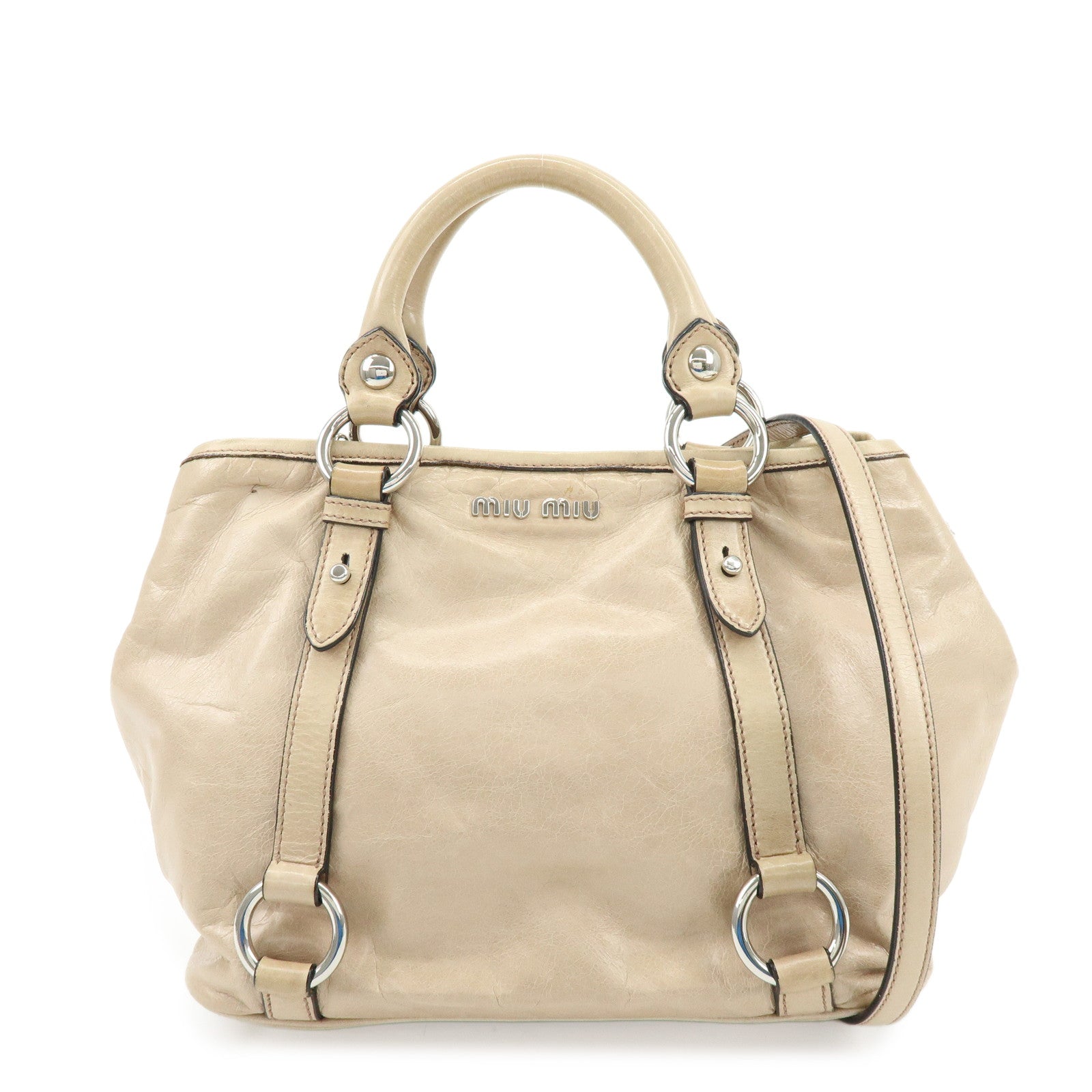 MIU MIU Leather 2Way Bag Hand Bag Shoulder Bag Beige RN0685