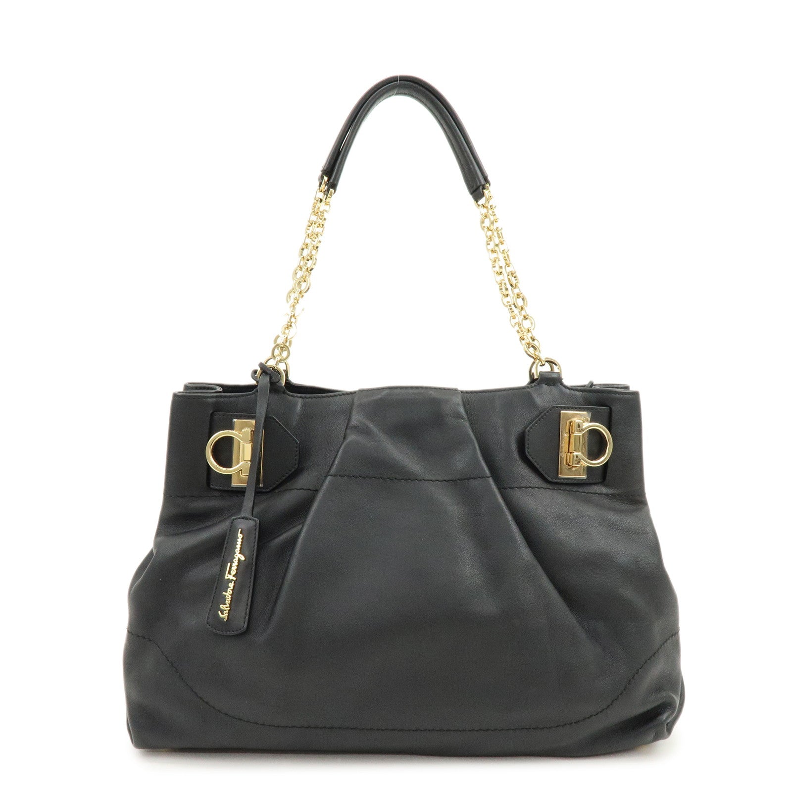 Ferragamo Gancini Leather Tote Bag Hand Bag Shoulder Bag Black