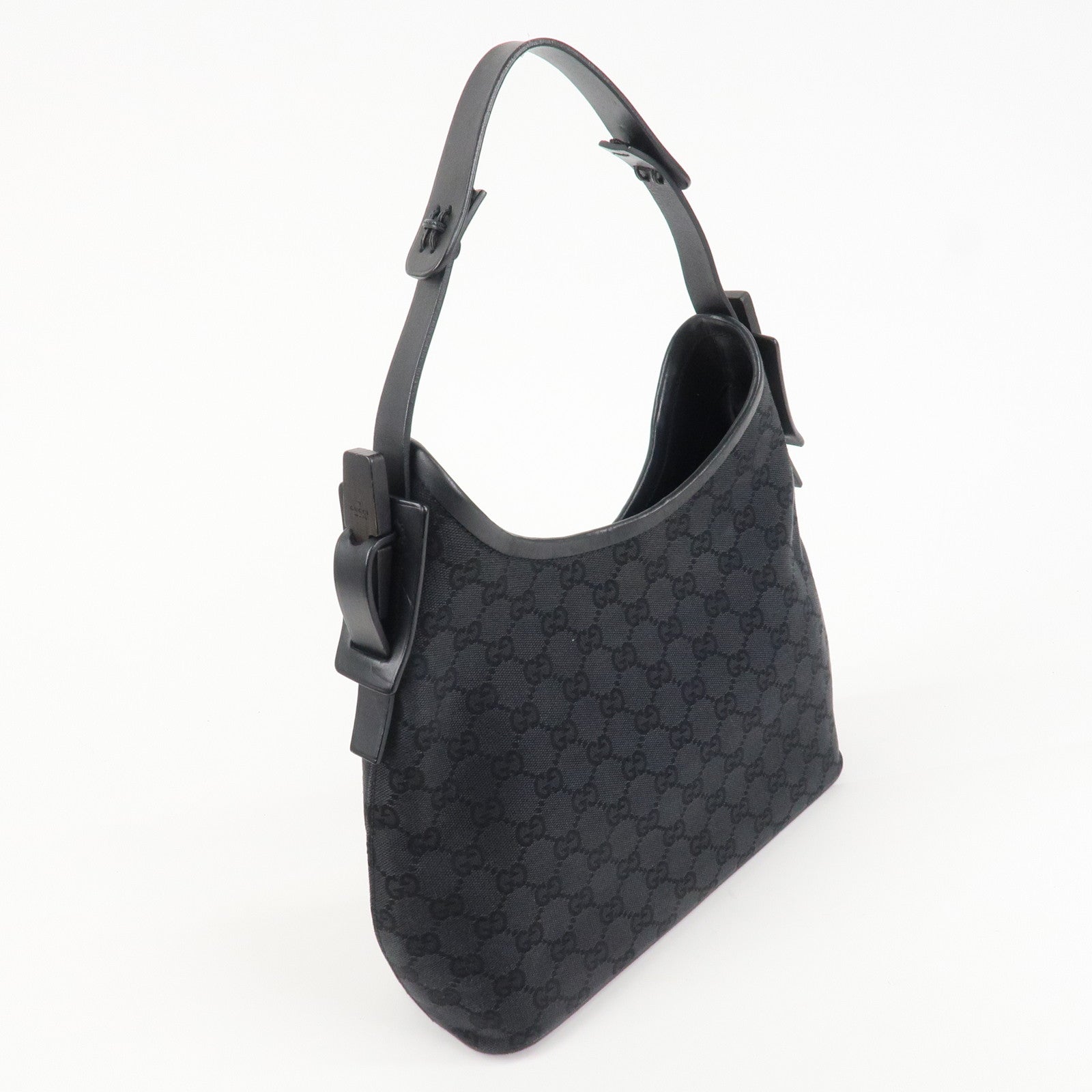 GUCCI GG Canvas Leather Shoulder Bag Hand Bag Black 107752 Used