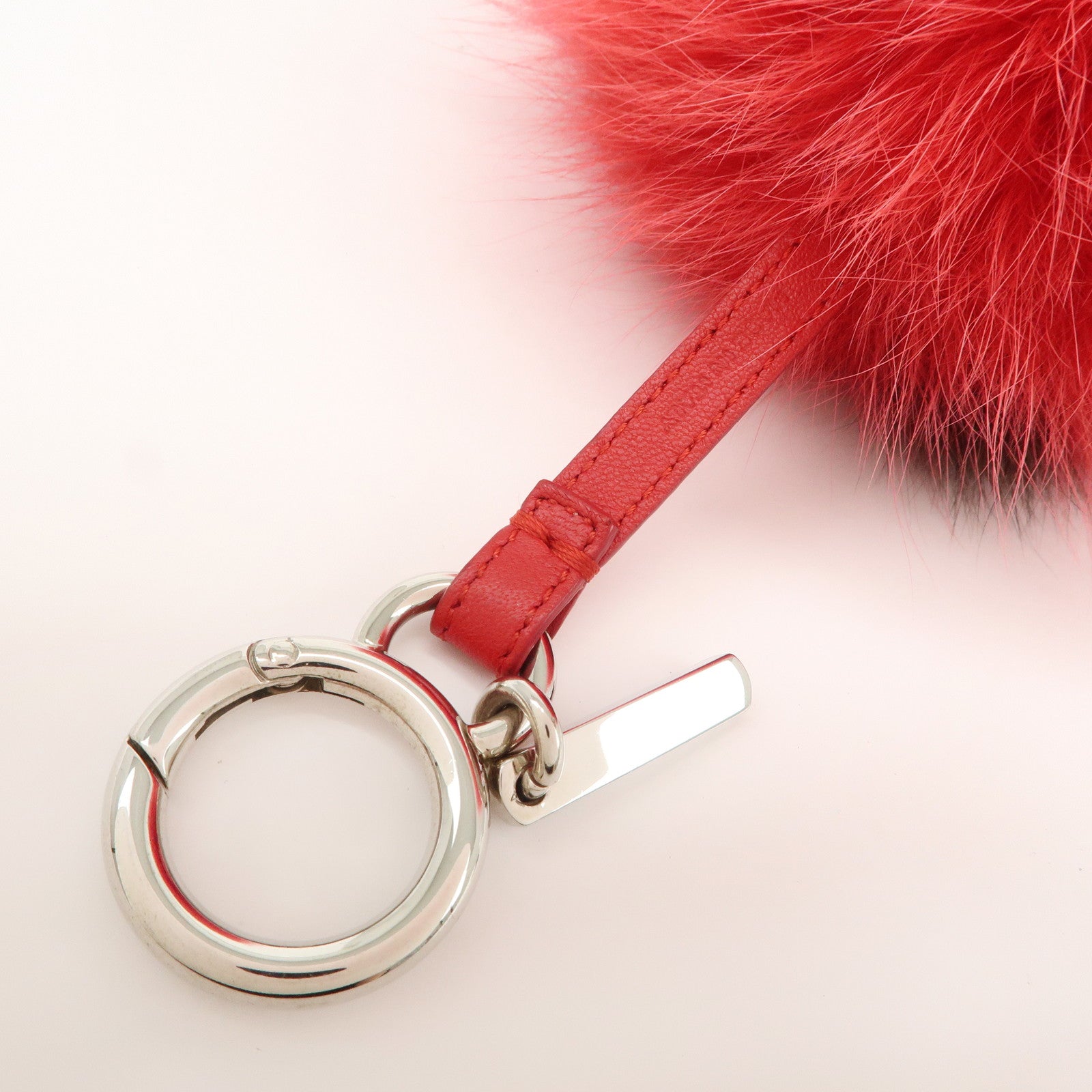 FENDI ABCHARM Initial A Pompom Fur Leather Bag Charm Key Chain Red