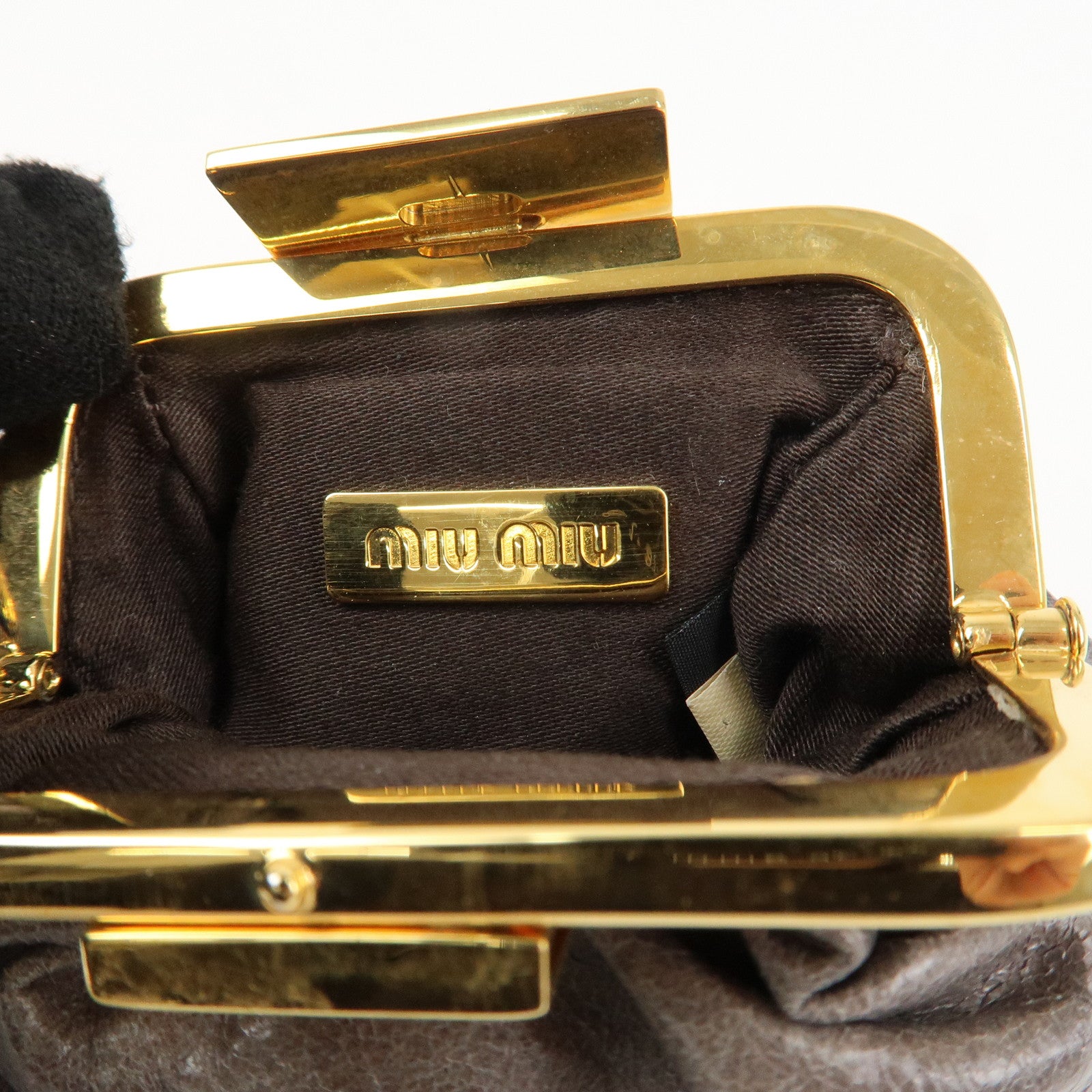 MIU MIU Logo Leather Kiss Lock Coin Case Gray Gold HDW Used