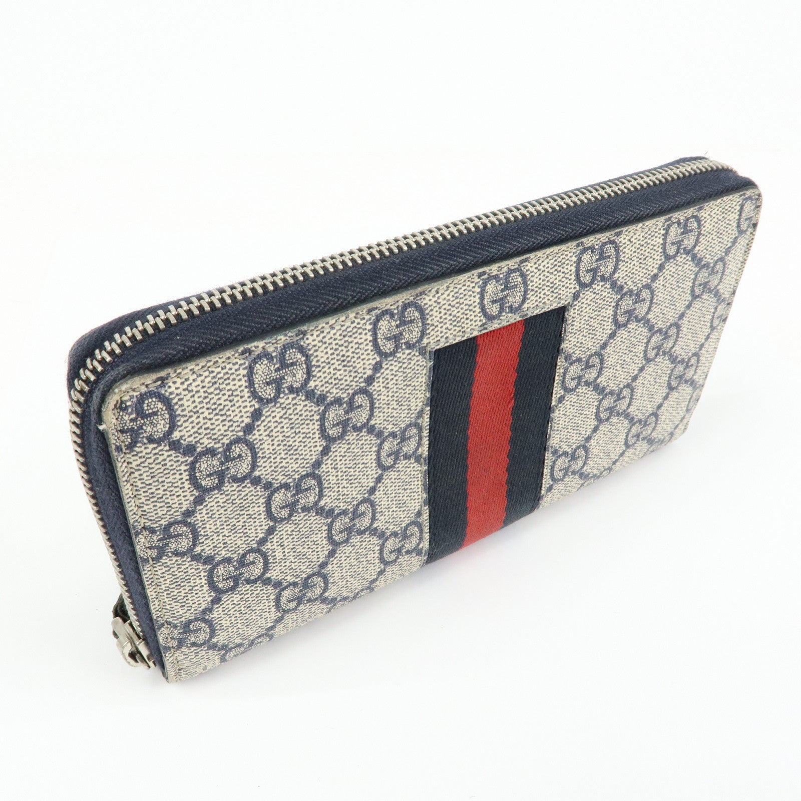 GUCCI Sherry GG Supreme Web Stripe Long Wallet Beige Navy 408831