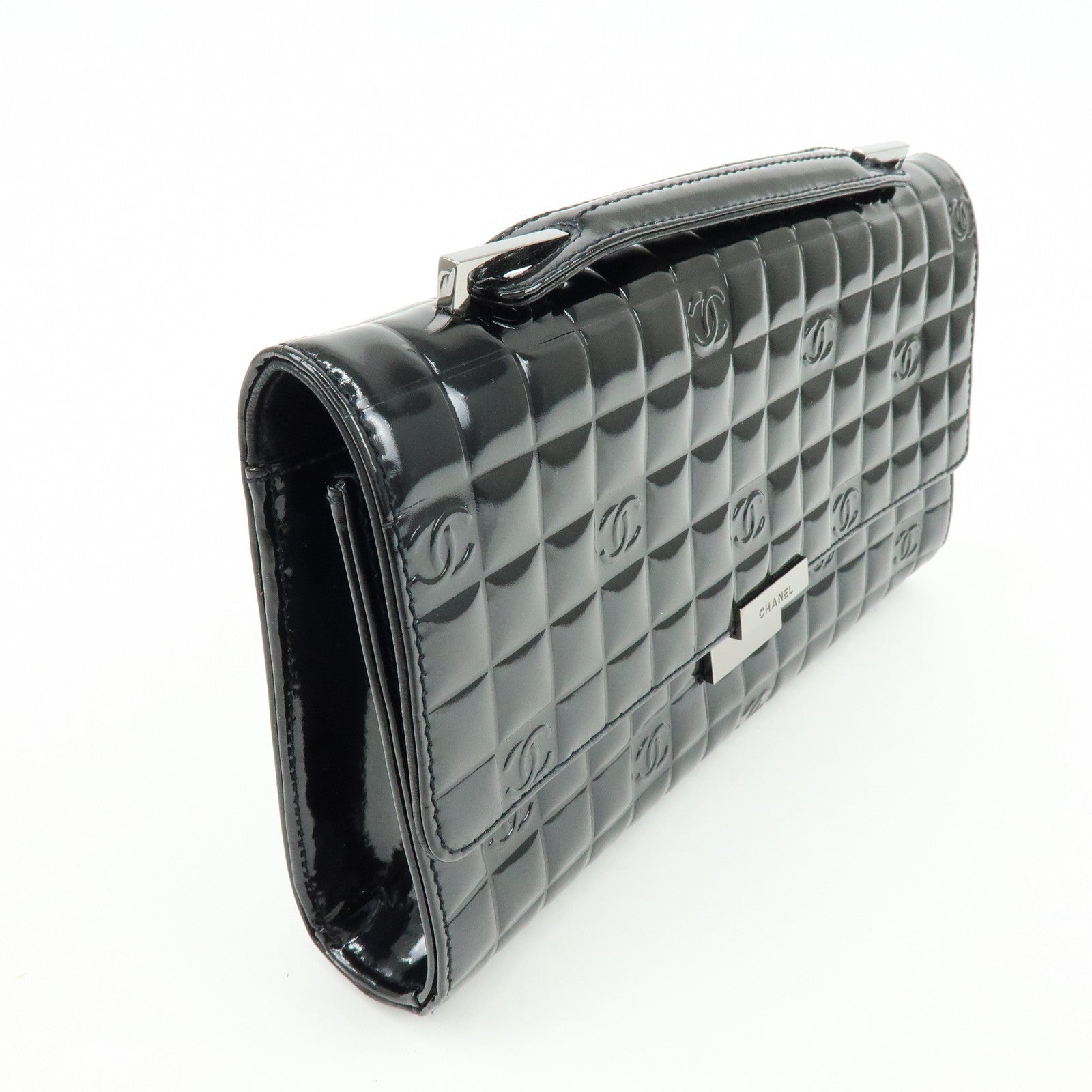 CHANEL Chocolate Bar COCO Mark Patent Leather Hand Bag Black