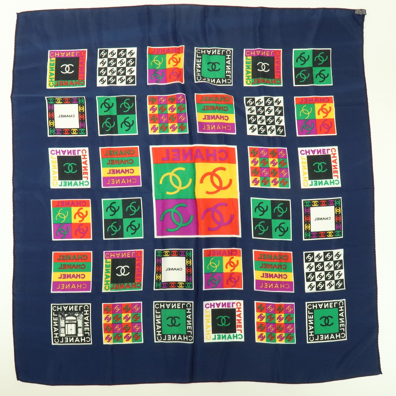 CHANEL COCO Mark Silk 100% Scarf Logo Print Black Multicolor