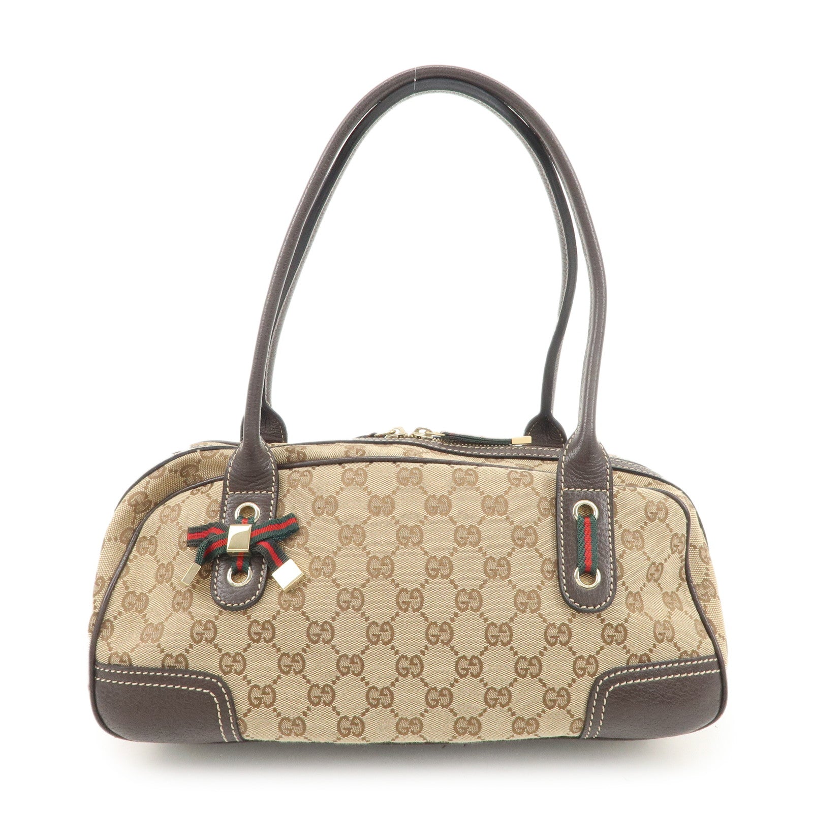 GUCCI Sherry Princy Canvas Leather Boston Bag Beige Brown 161720 Used