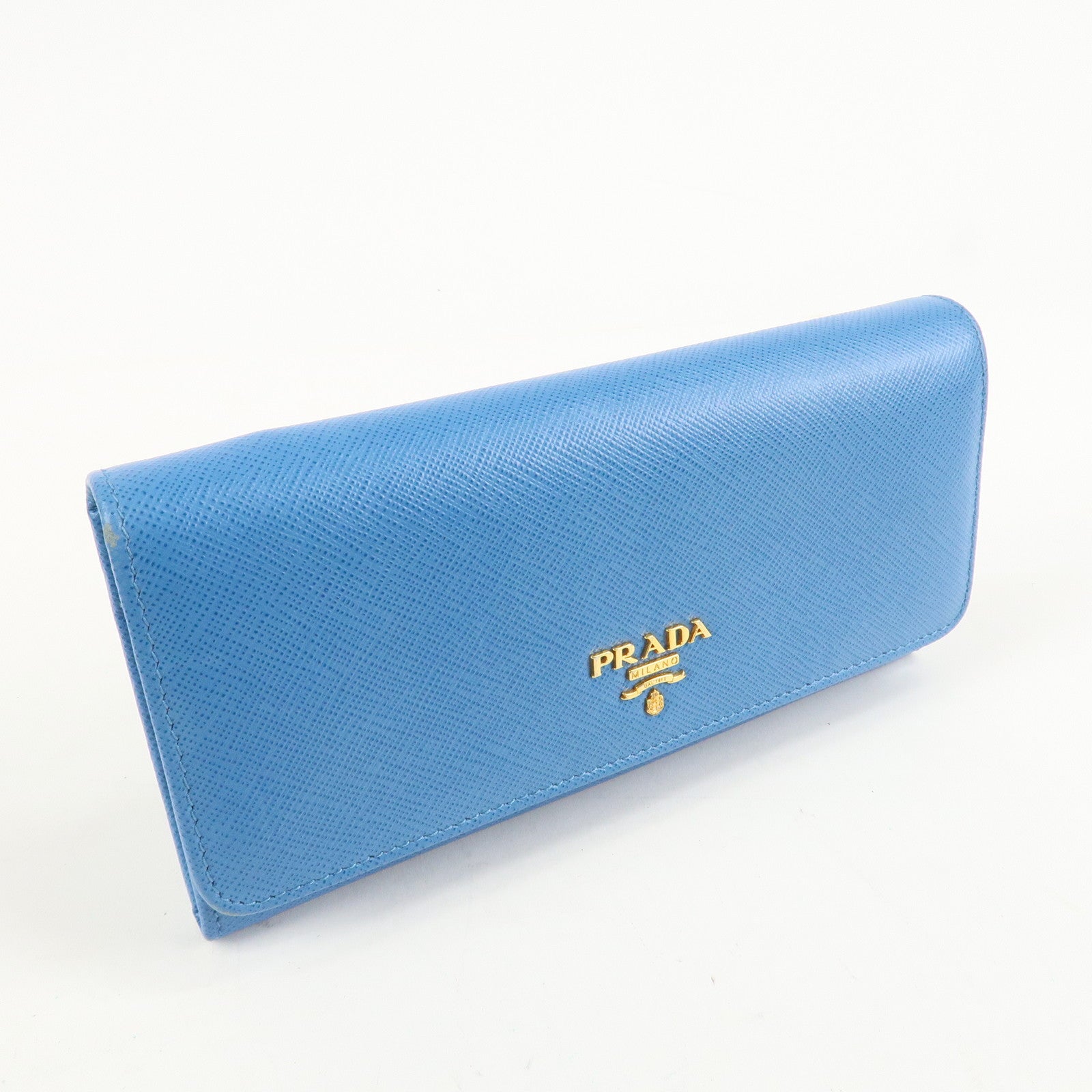 PRADA Saffiano Leather Bi-Fold Long Wallet Blue Gold HDW 1MH132 Used