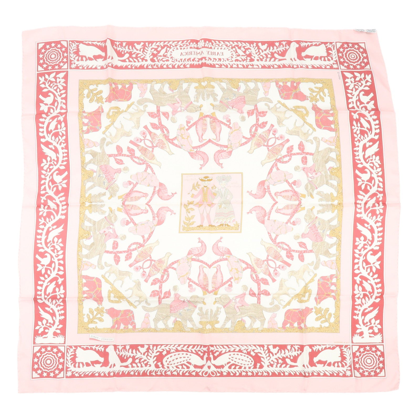 HERMES Carre 90 Silk 100% Scarf EARLY AMERICA Pink
