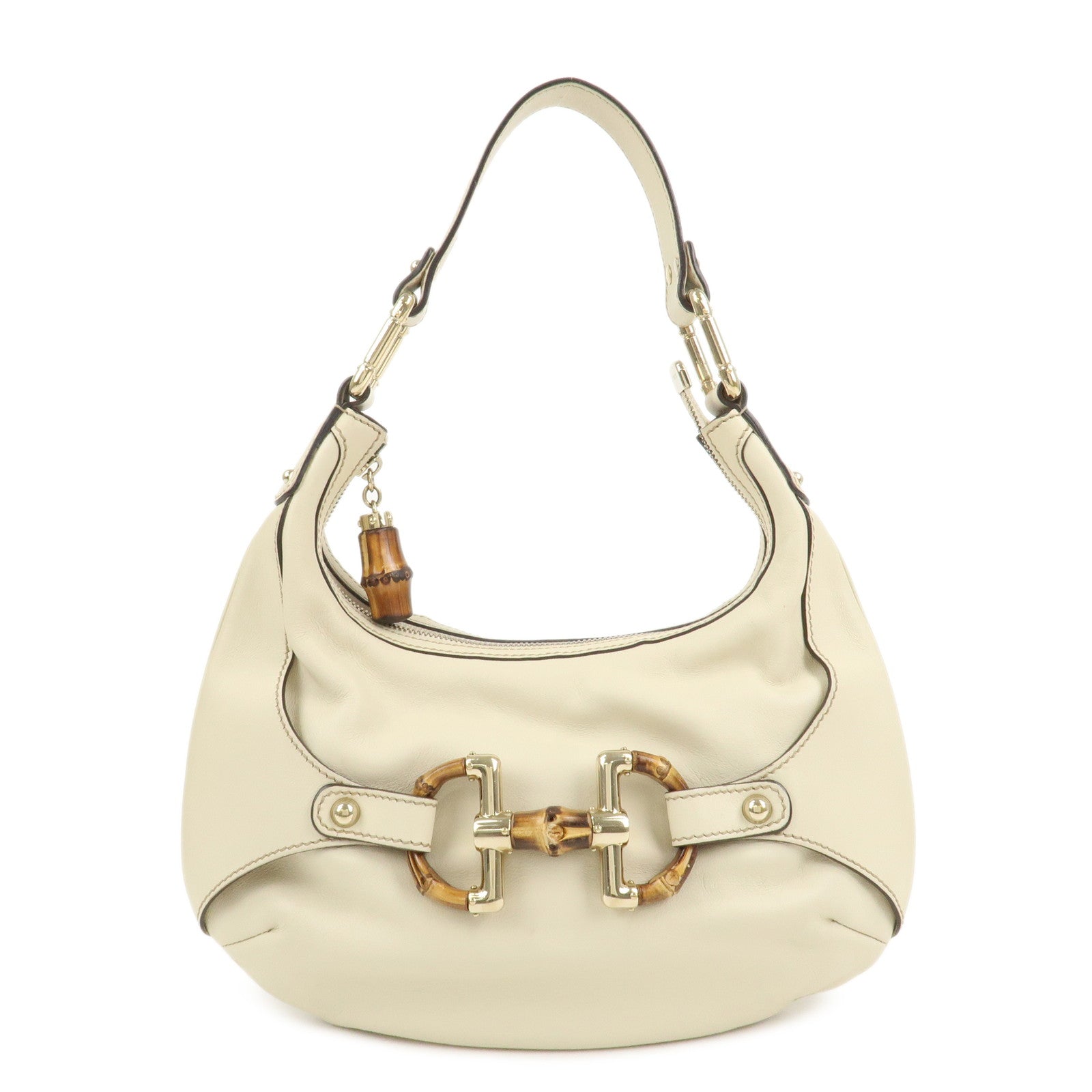 GUCCI Horsebit Bamboo Leather Shoulder Bag Ivory 154378