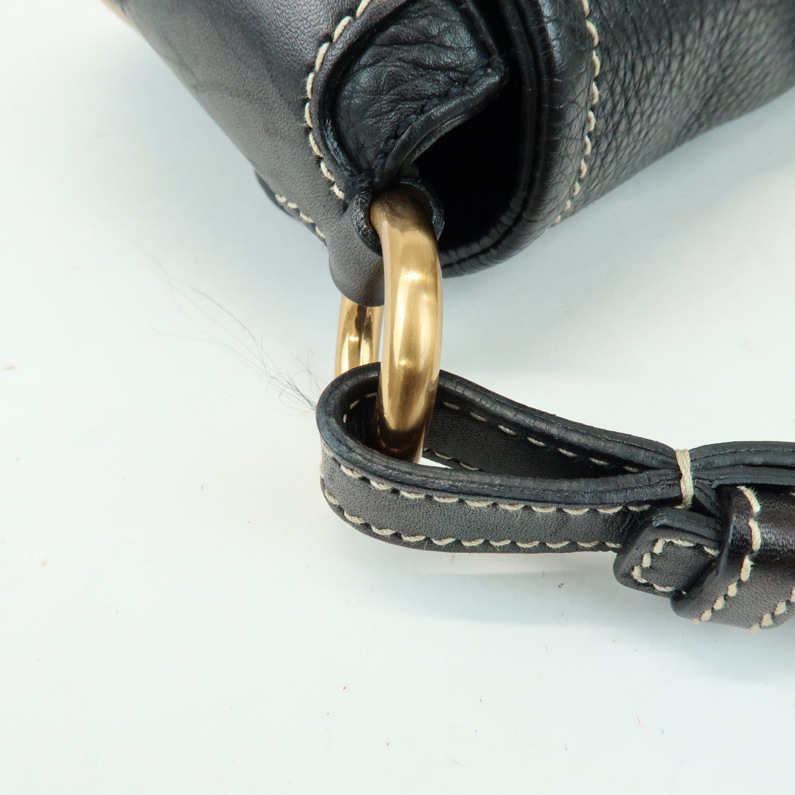 PRADA Logo Leather Stitch Shoulder Bag Hand Bag Black