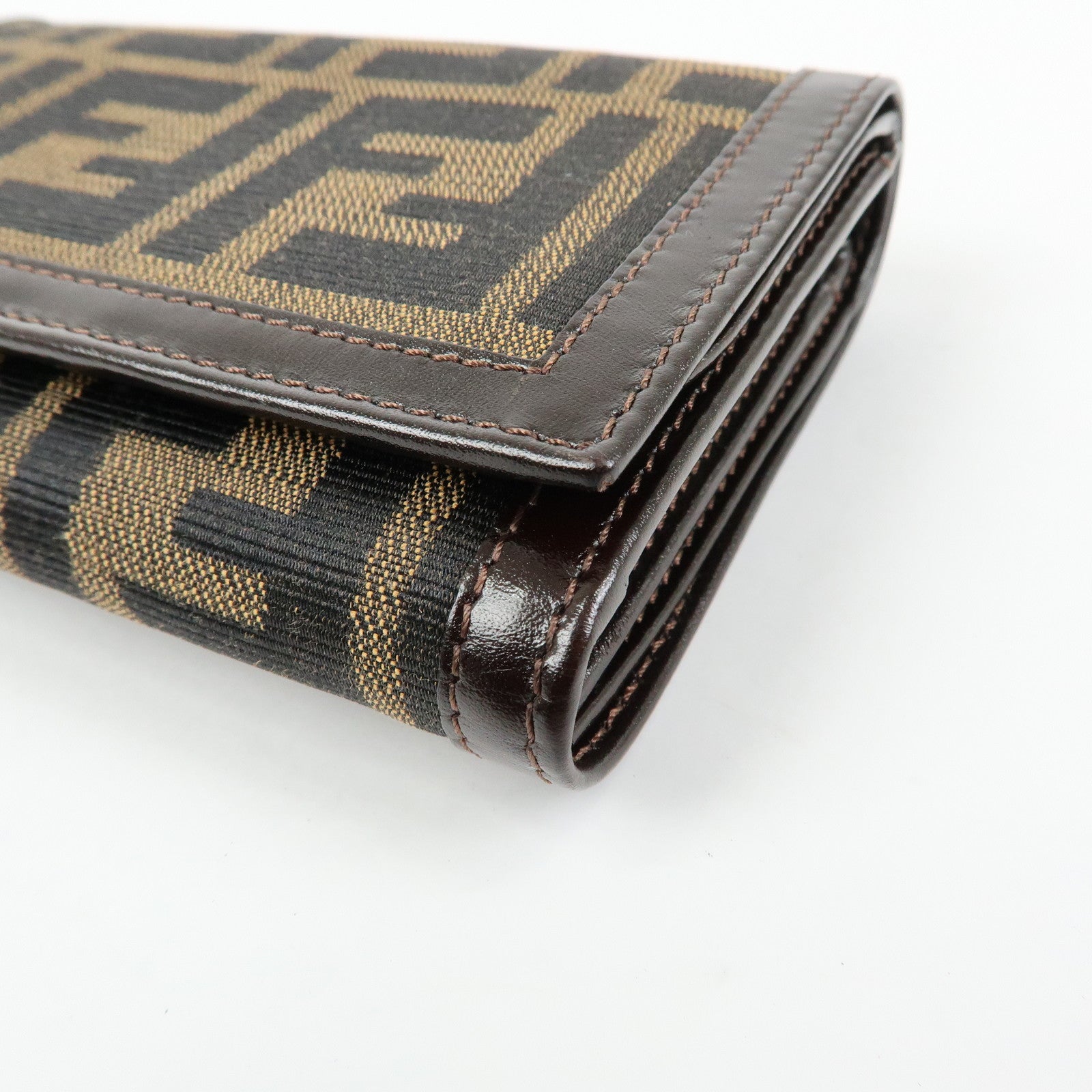 FENDI Zucca Canvas Leather Compact Wallet Brown Black 31052
