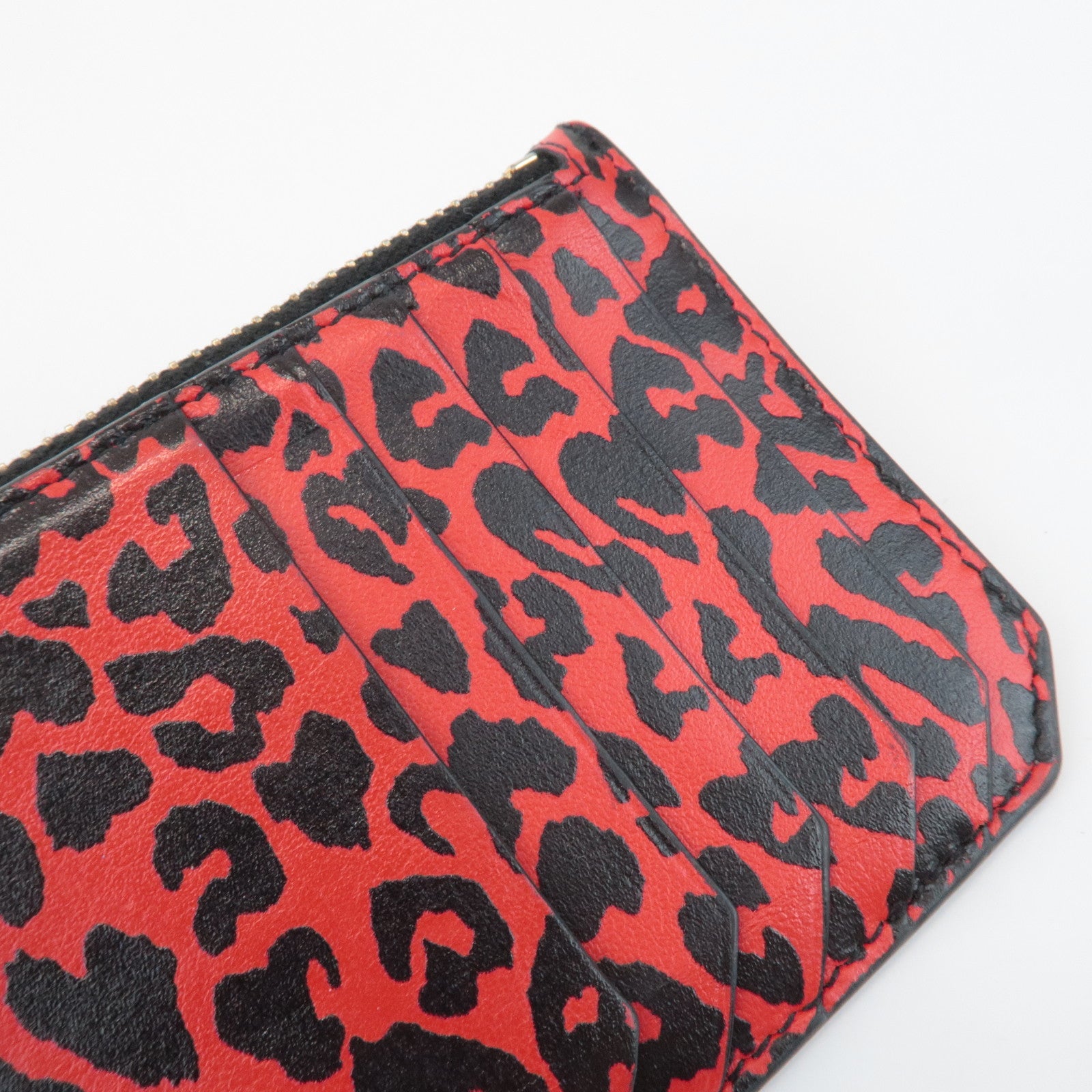 Saint Lauren Leather Animal Leopard Coin Case Card Case Black Red Used