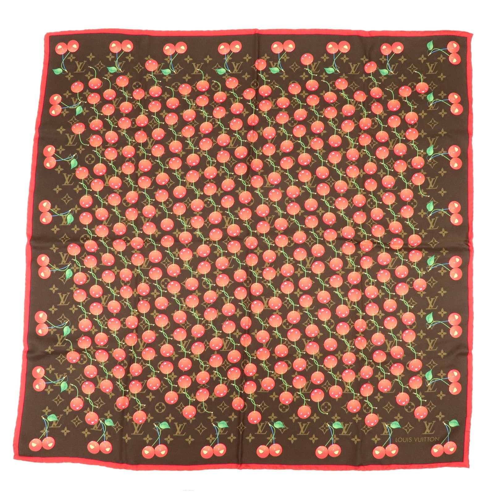 Louis Vuitton Monogram Cherry Silk 100% Scarf Brown Red M71962