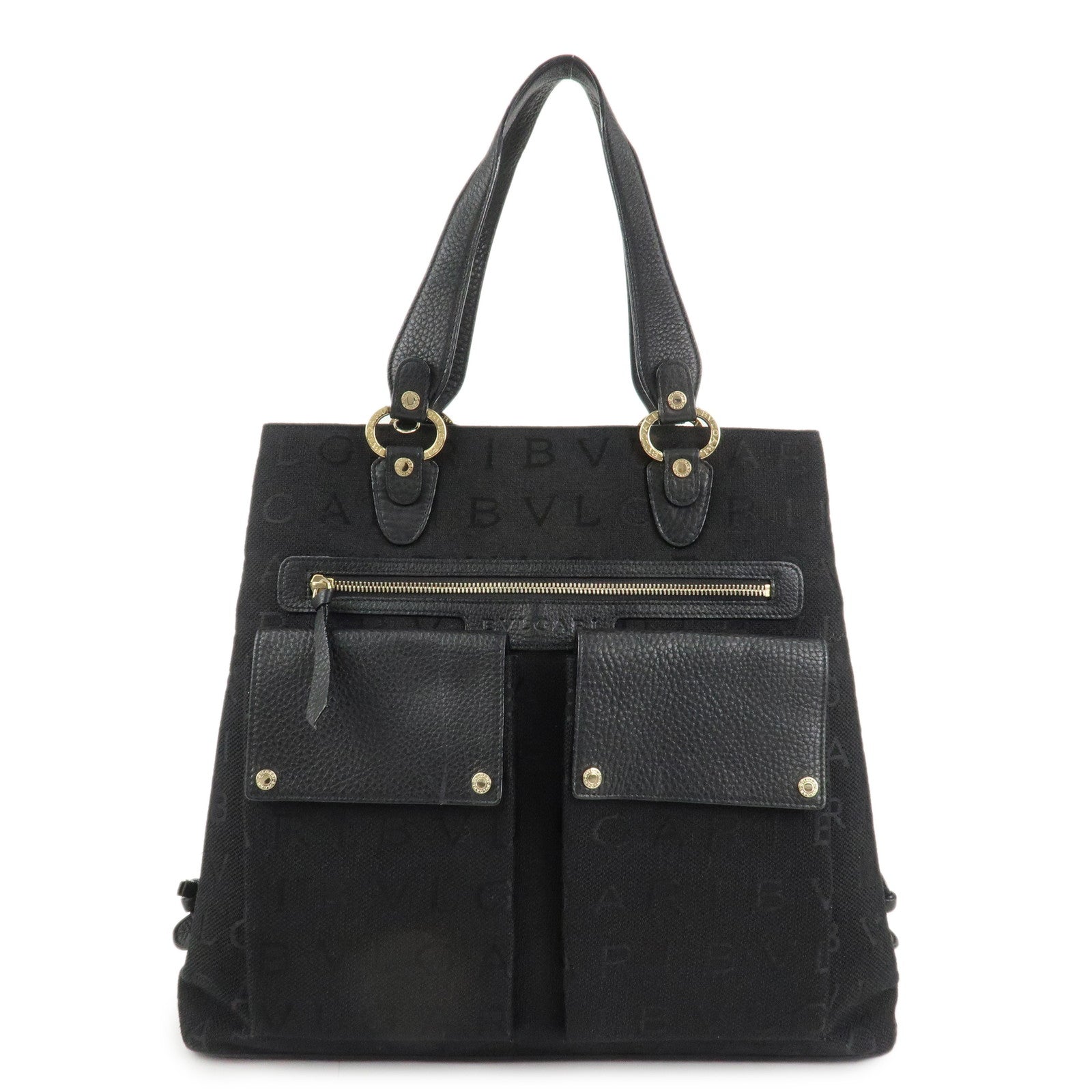 BVLGARI Logo Mania Canvas Leather Tote Bag Black Gold Hardware Used