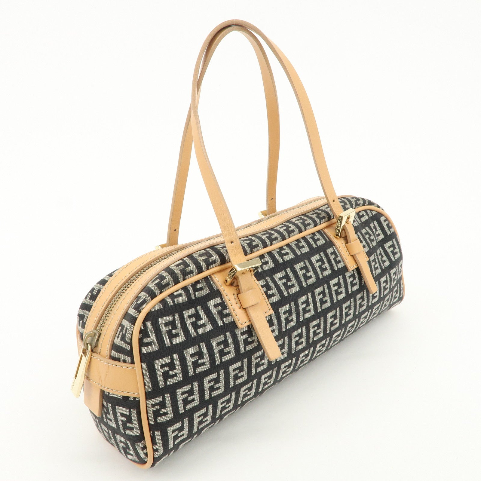 FENDI Zucchino Canvas Leather Mini Boston Bag Hand Bag Black 8BL007