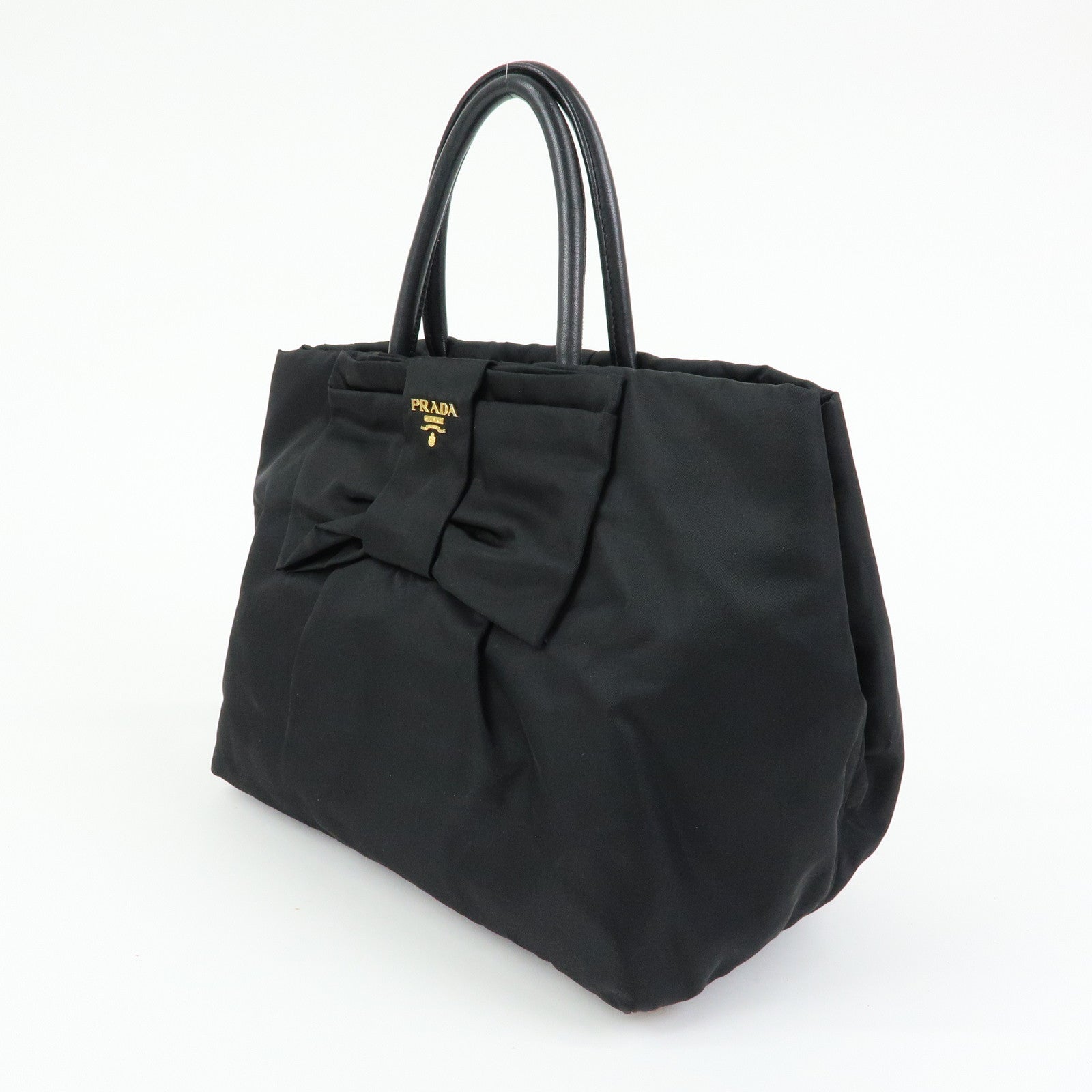 PRADA Nylon Leather Ribbon Hand Bag Tote Bag Black BN1601