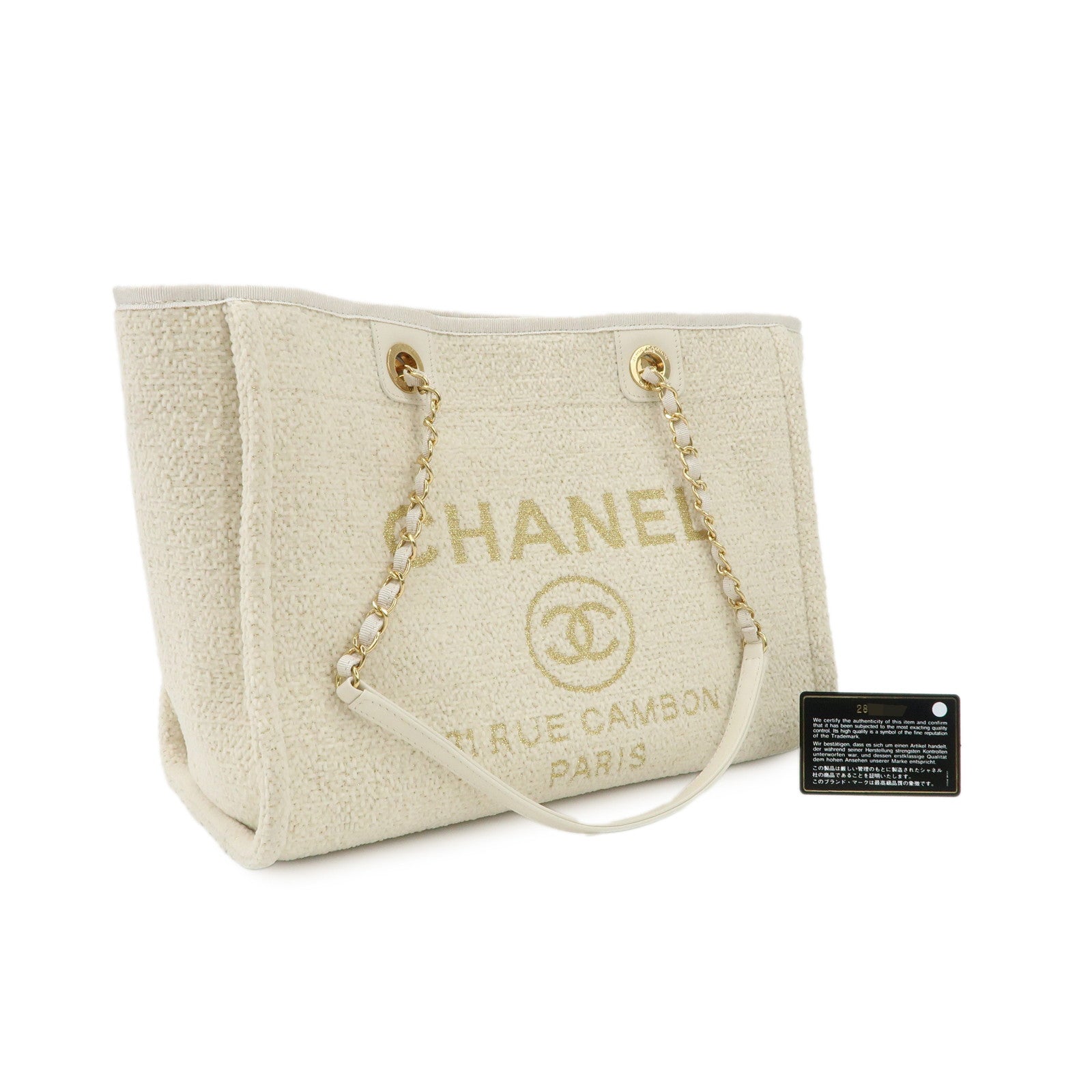 CHANEL Leather Tweed Deauville MM Shoulder Bag Tote Bag Ivory