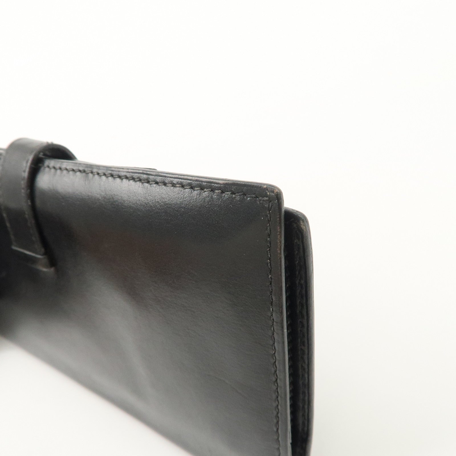 HERMES Bearn Leather Long Wallet H Stamped Black Gold HDW Used