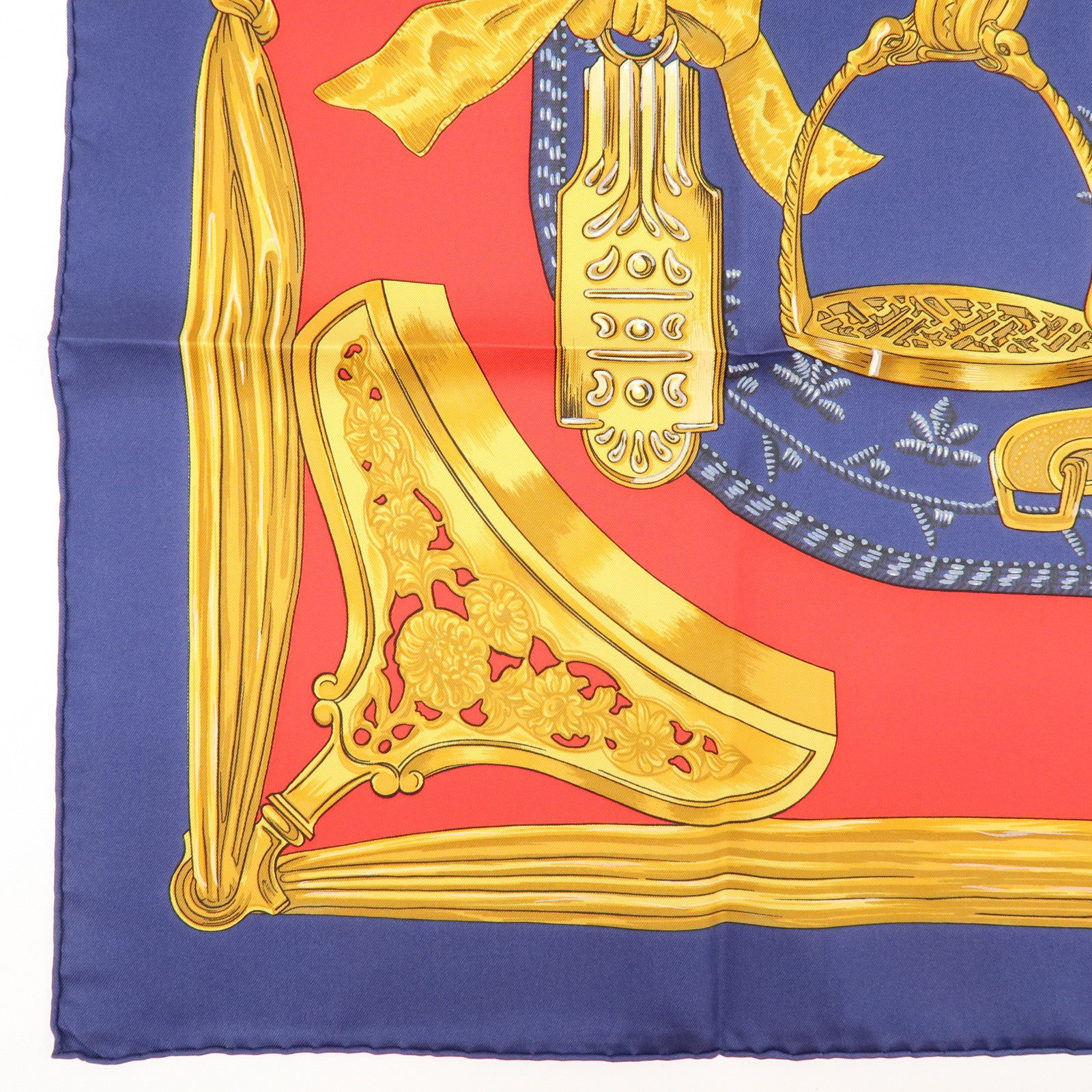 HERMES Carre 90 Silk 100% Scarf ETRIERS Gold Red Navy