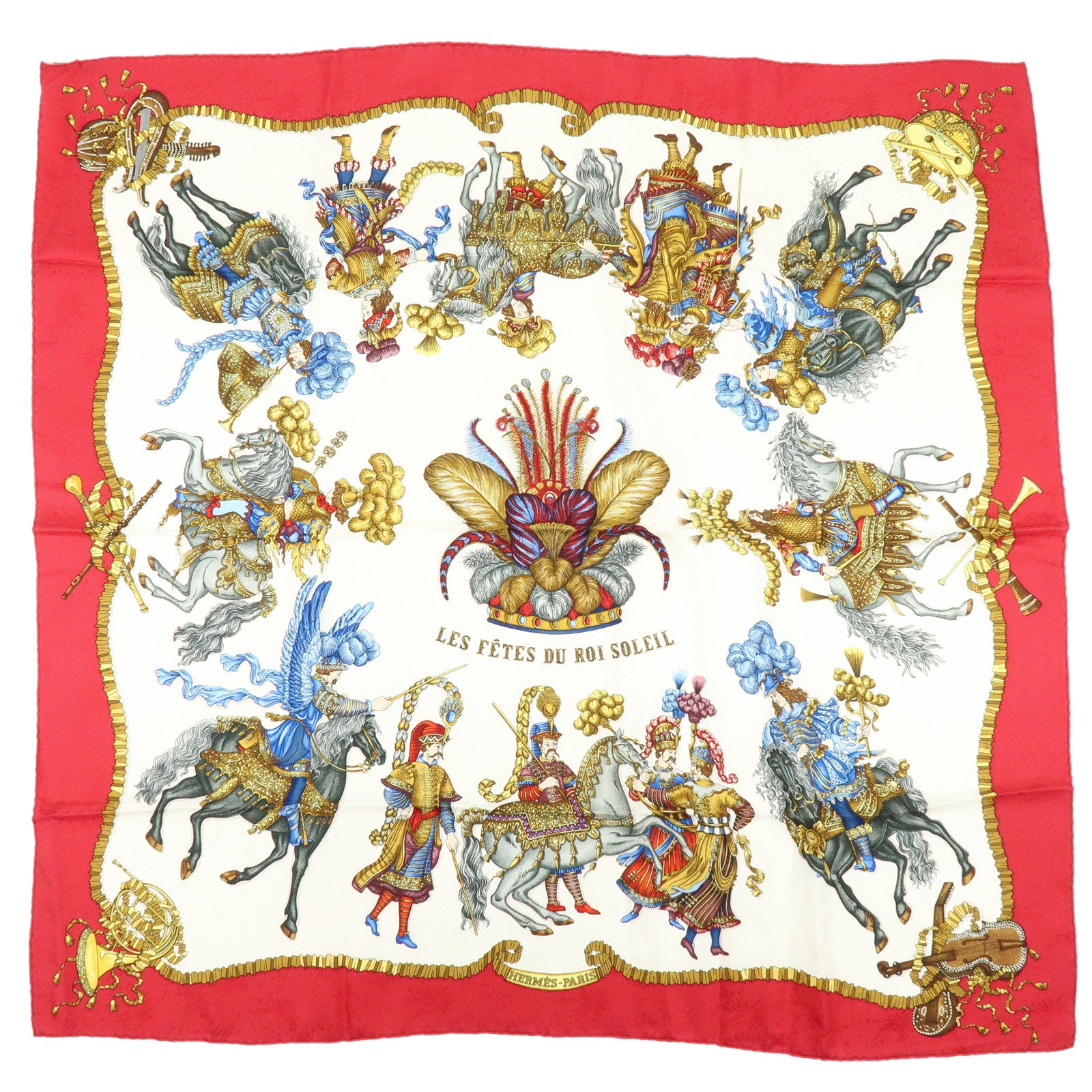 HERMES Carre 90 Silk 100% Scarf LES FERES DU ROI SOLEIL Red Gold