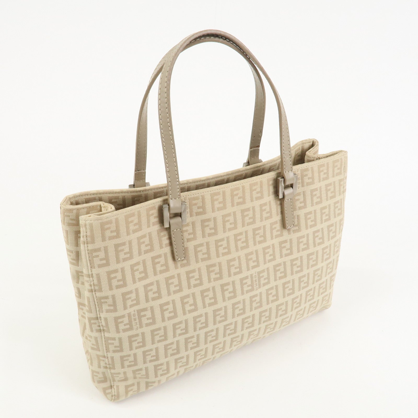 FENDI Zucchino Canvas Leather Tote Bag Hand Bag Beige 8BH072