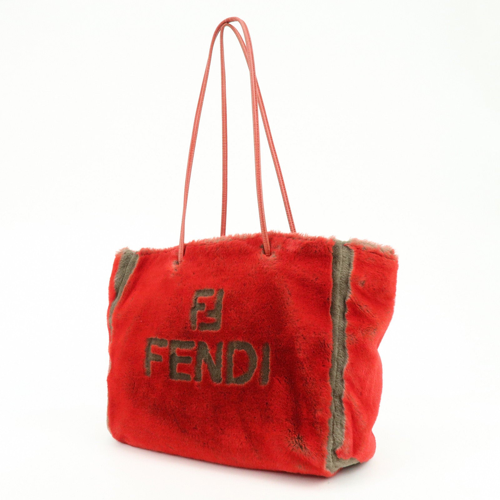 FENDI Fur Leather Tote Bag Hand Bag Shoulder Bag Red 321262900069