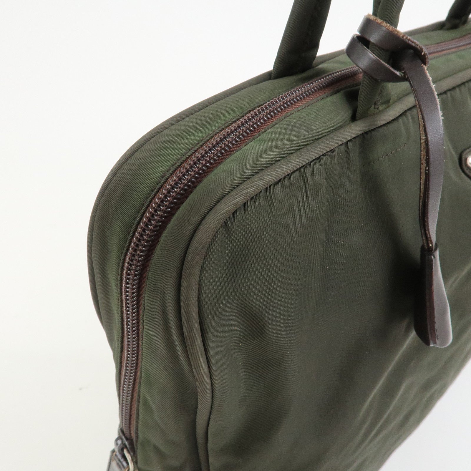 PRADA Triangle Logo Nylon Brief Case Tote Bag Khaki B8493