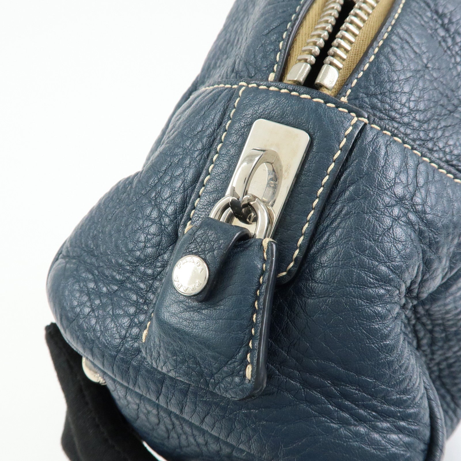 PRADA Calf Leather Boston Bag Shoulder Bag Hand Bag Navy BR3091