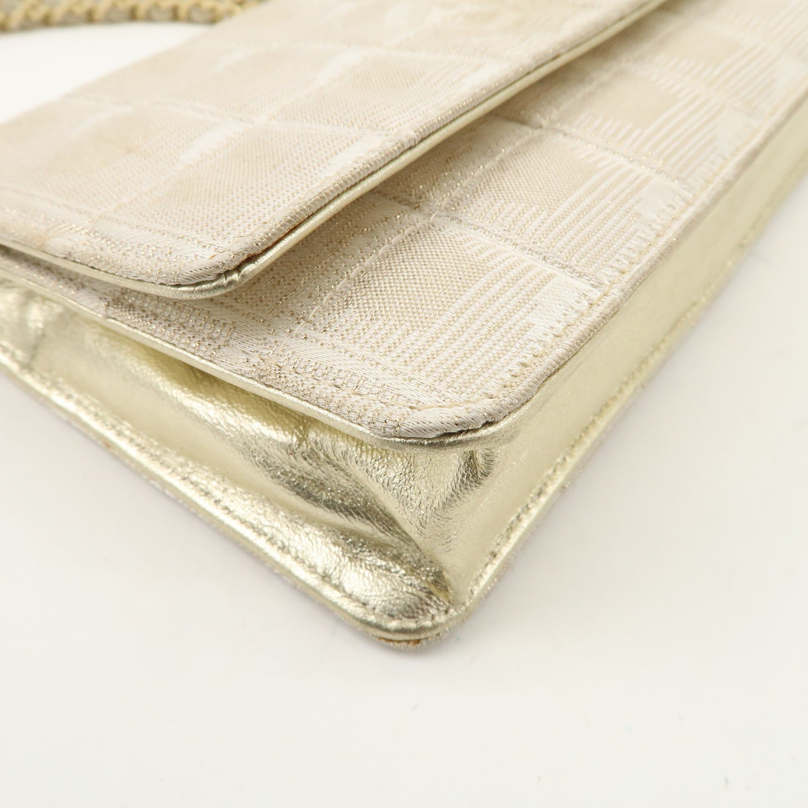 Chanel New Travel Line Nylon Jacquard Leather Chain Wallet Gold A15772 Used