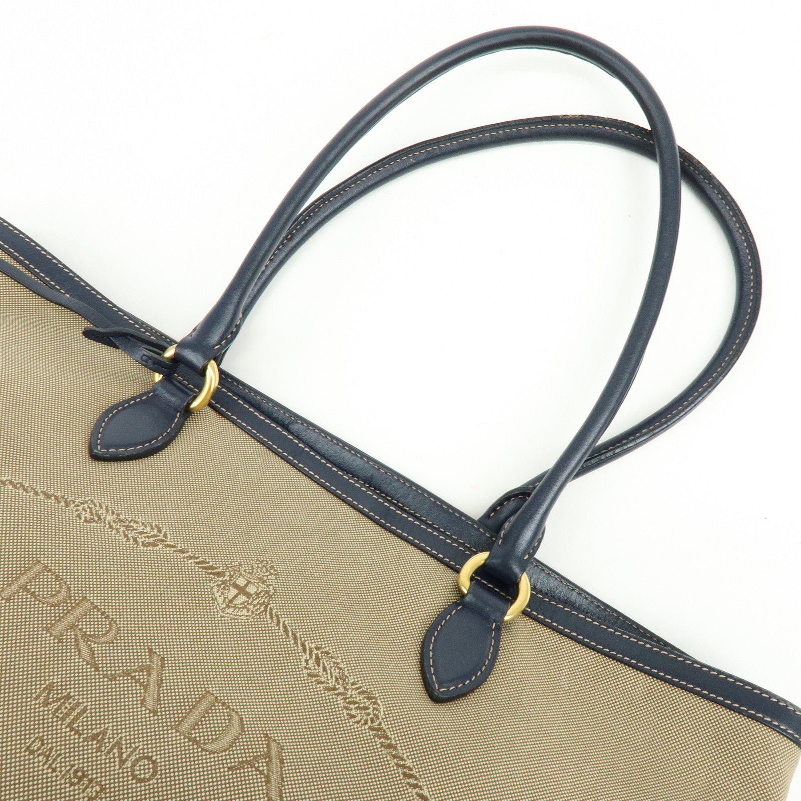 PRADA Logo Jacguard Leather Tote Bag Hand Bag Beige Navy