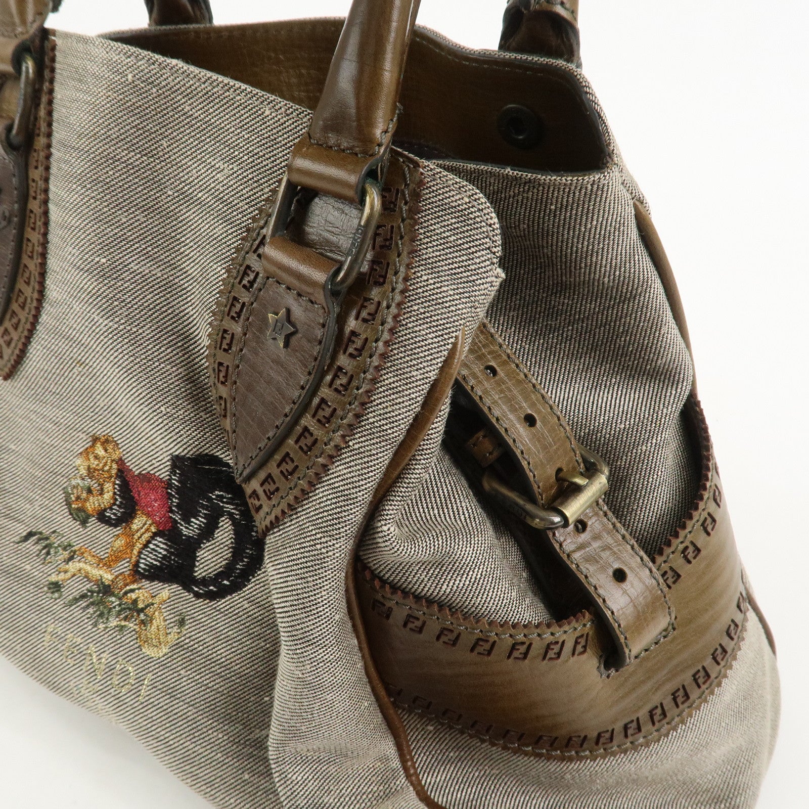 FENDI Etnico Squirrel Embroidery Tote Bag Shoulder Bag Gray 8BN157