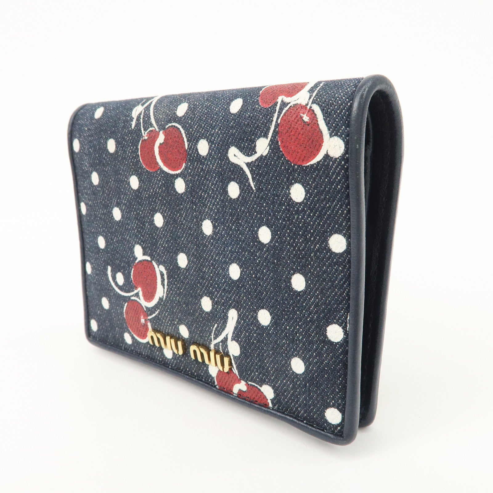 MIU MIU Cherry Denim Leather Bifold Compact Wallet Navy Red Used