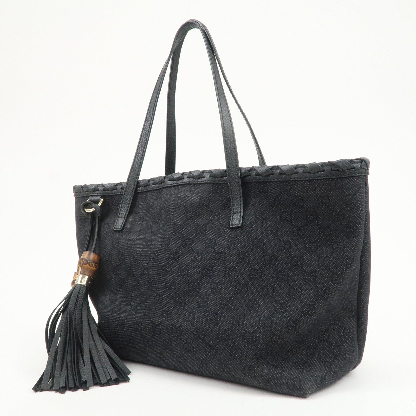 GUCCI Bamboo GG Canvas Leather Tote Bag Tassel Black 354665