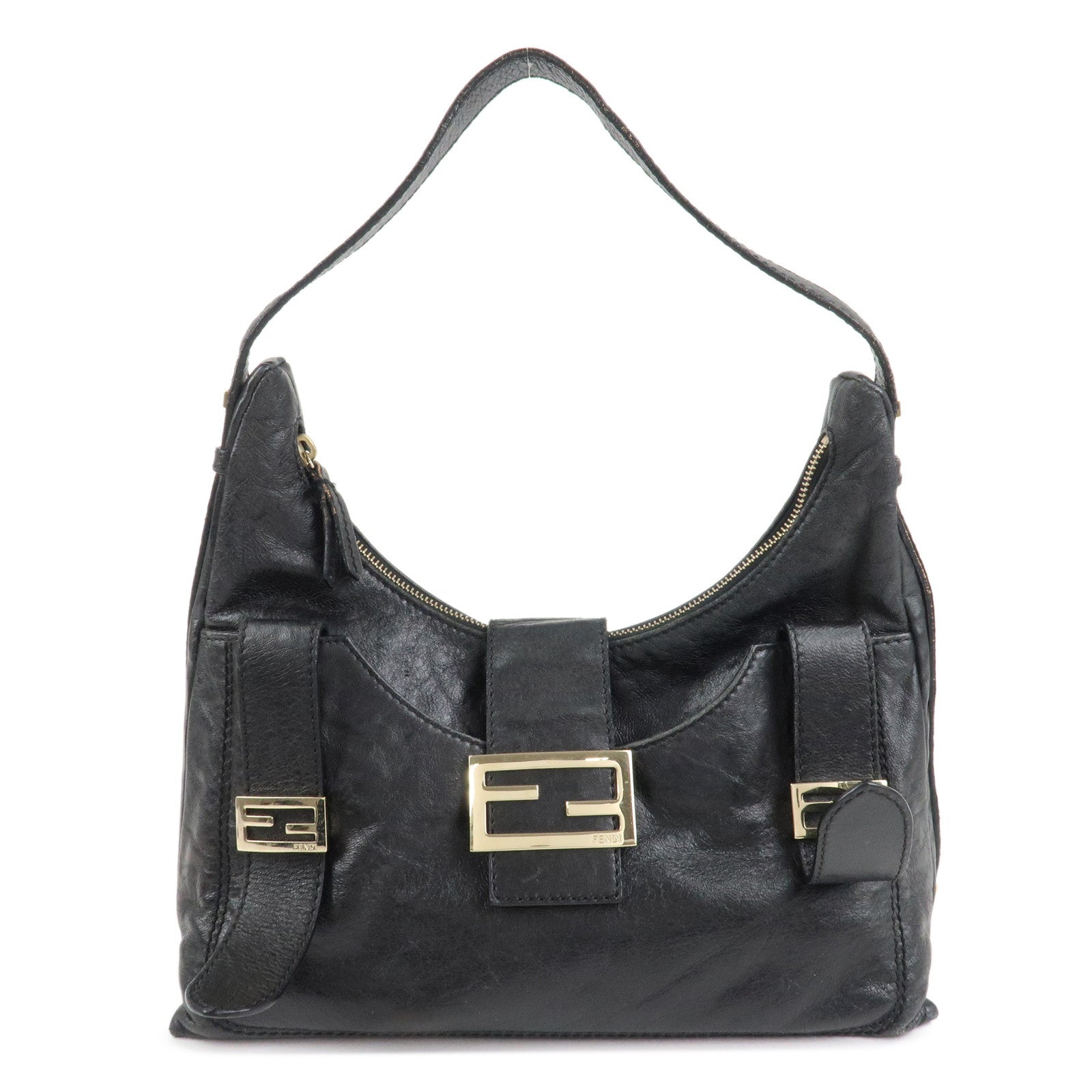 FENDI Leather Shoulder Bag Hand Bag Black 8BR522 Used