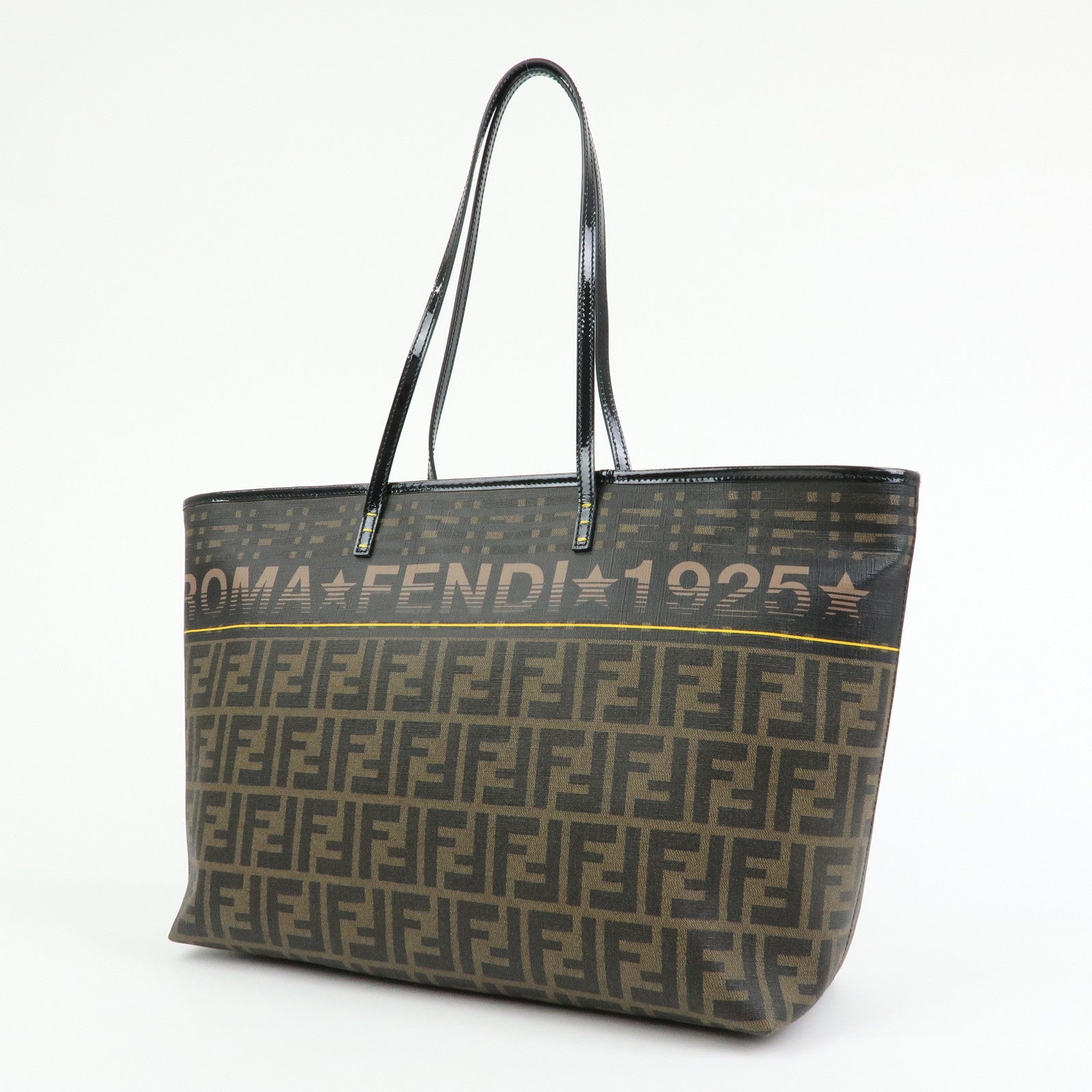 FENDI Zucca PVC Patent Leather Tote Bag Brown Black 8BH185
