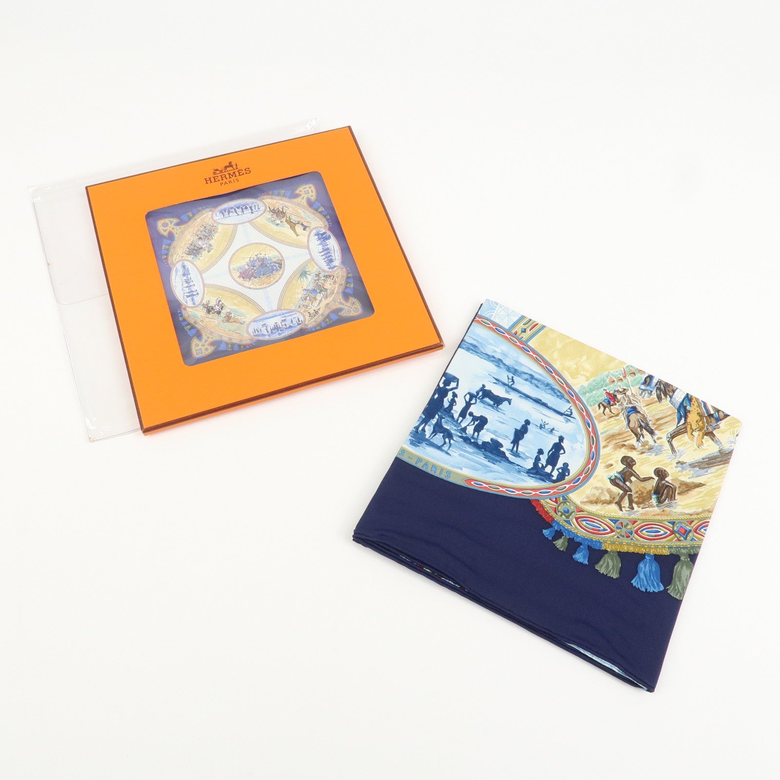 HERMES Carre 90 Silk 100% Scarf CAVALIERS PEULS Blue Yellow