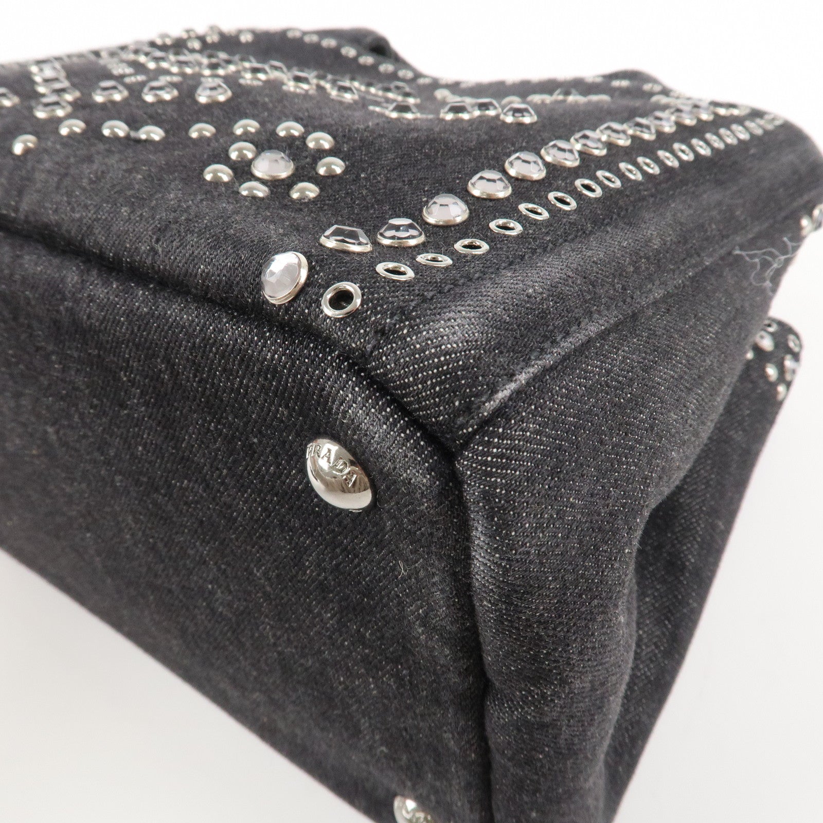 PRADA Canapa Mini Canvas Studs 2Way Shoulder Bag Hand Bag Black B2439G Used
