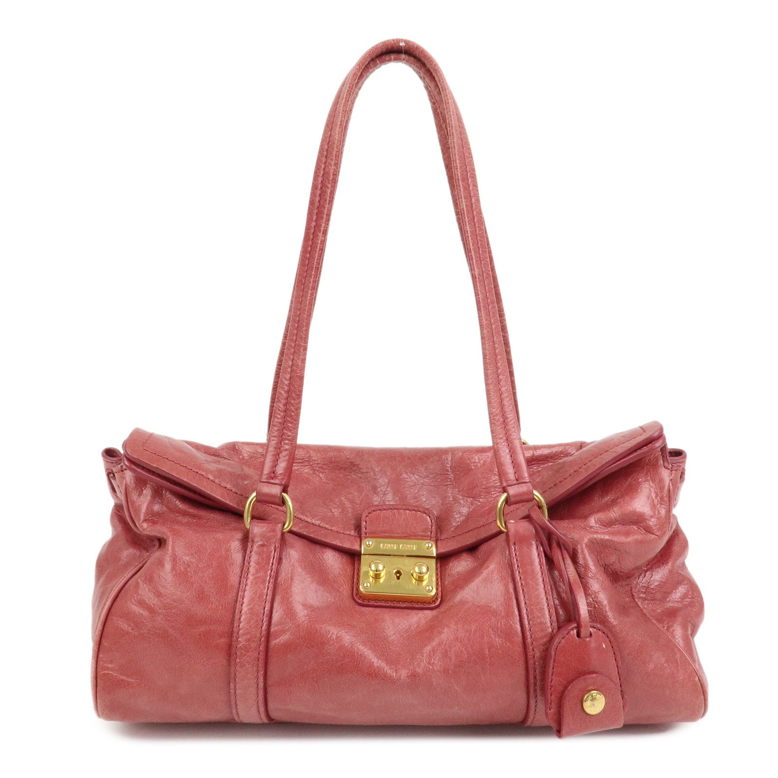 MIU MIU Logo Leather Shoulder Bag Boston Bag Pink RR1941