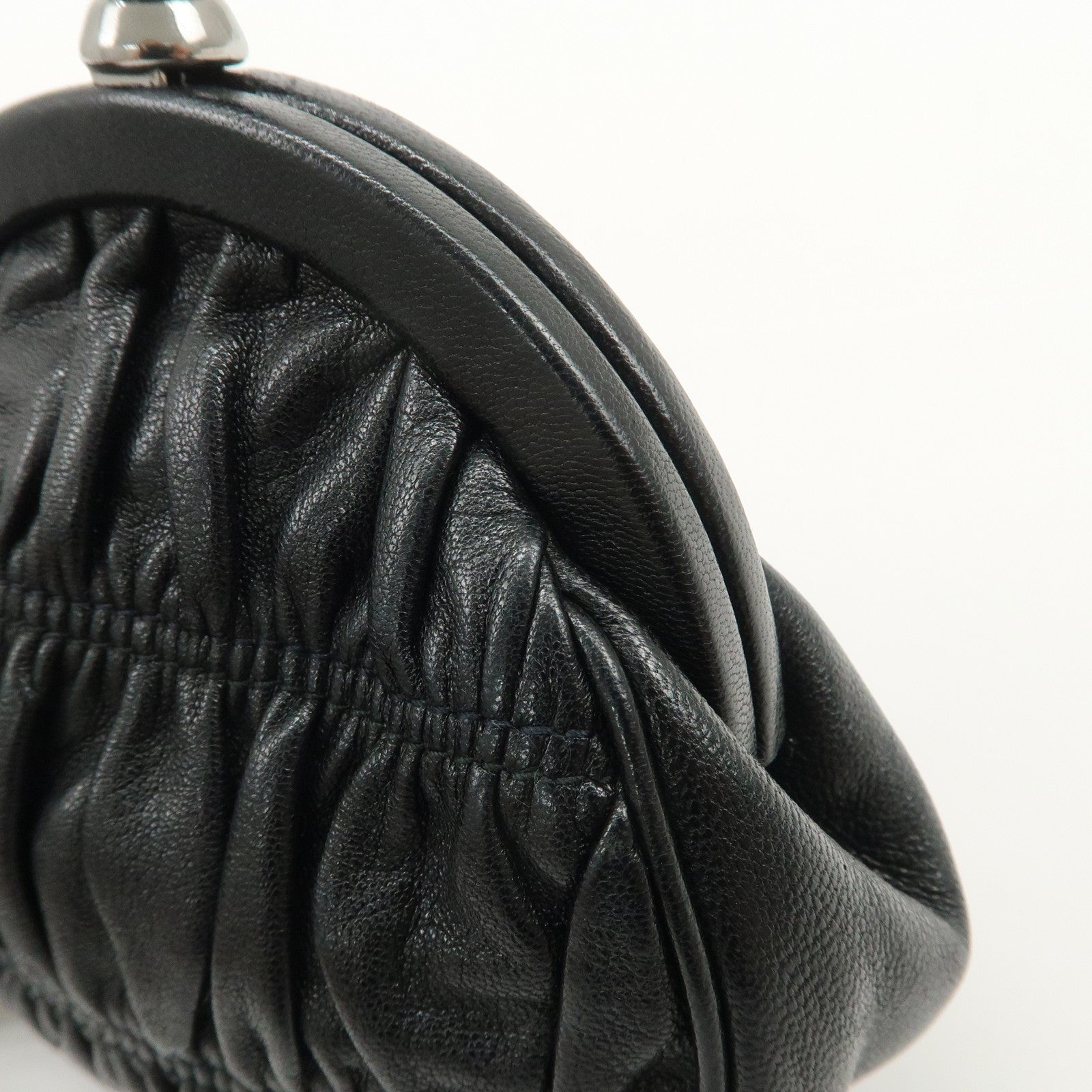 PRADA Logo Gathered Leather Pouch Compact Wallet Coin Case Black