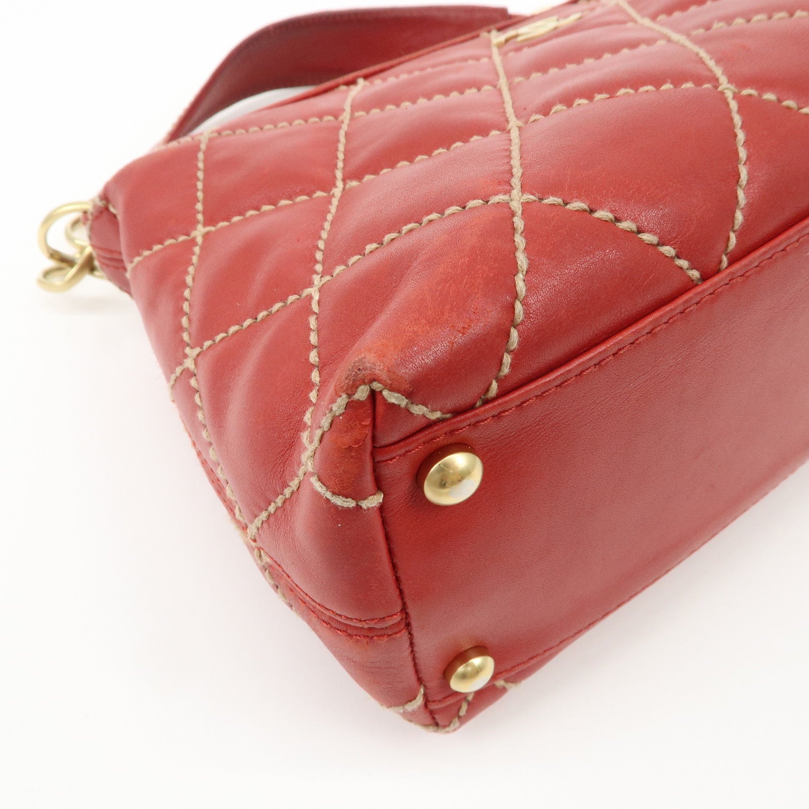 CHANEL COCO Mark Wild Stitch Lamb Skin Leather Hand Bag Red