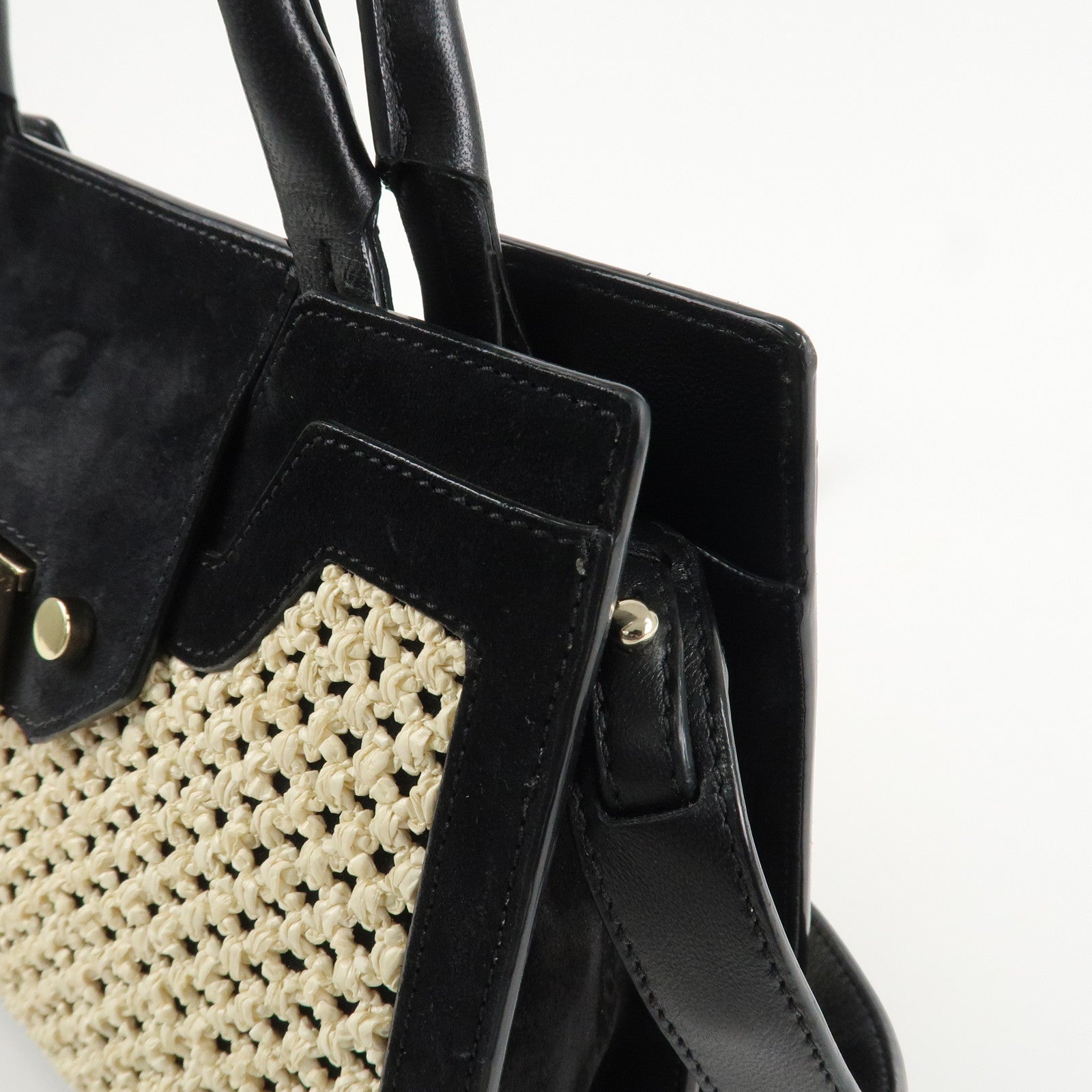 JIMMY CHOO Leather Suede Straw 2WAY Hand Bag Shoulder Bag Black Used
