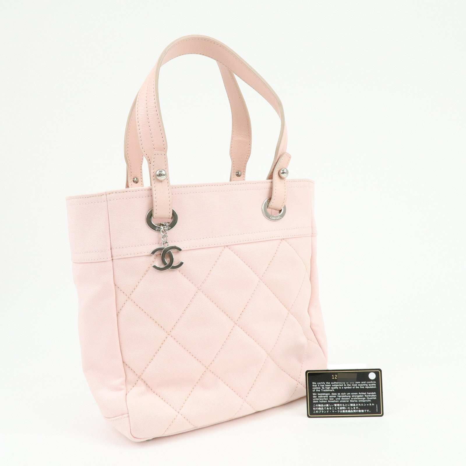 CHANEL Paris Biarritz PM Canvas Leather Tote Bag Pink A34208