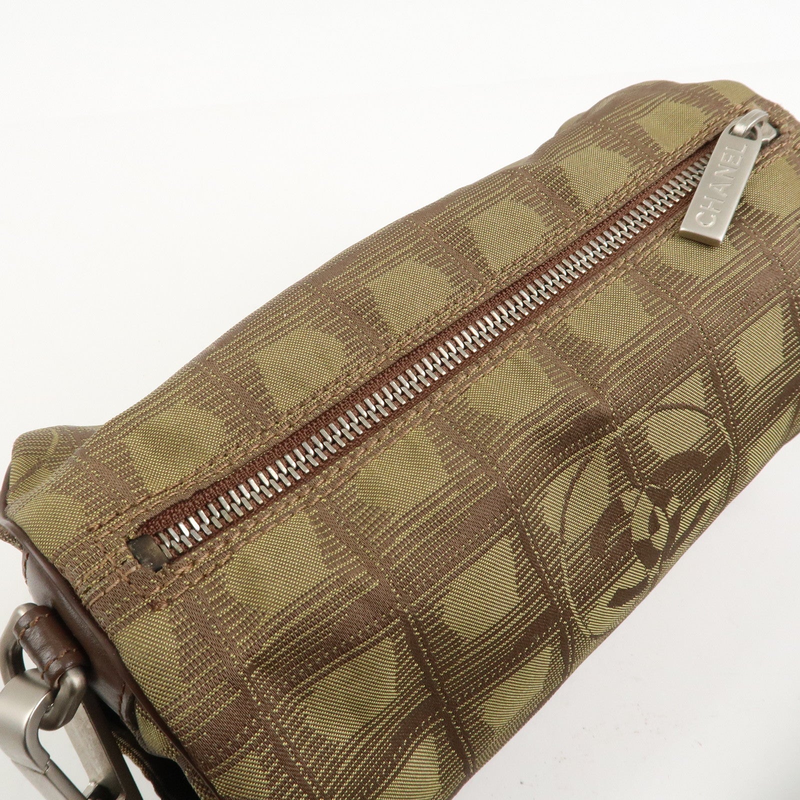 CHANEL New Travel Line Nylon Jacquard Shoulder Bag Khaki Used