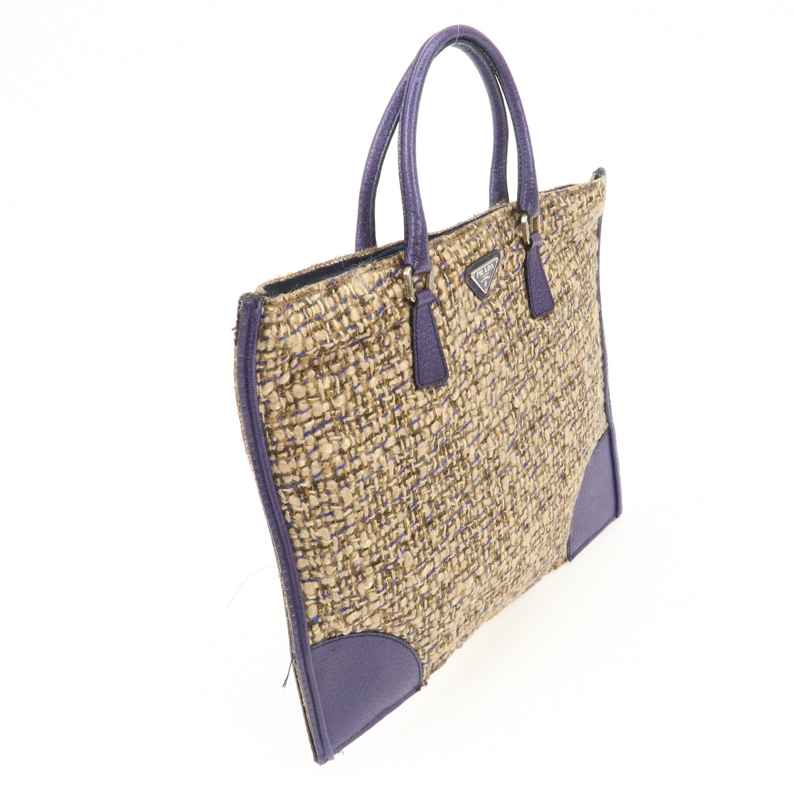 PRADA Triangle Logo Tweed Leather Tote Bag Purple Beige B11261 Used