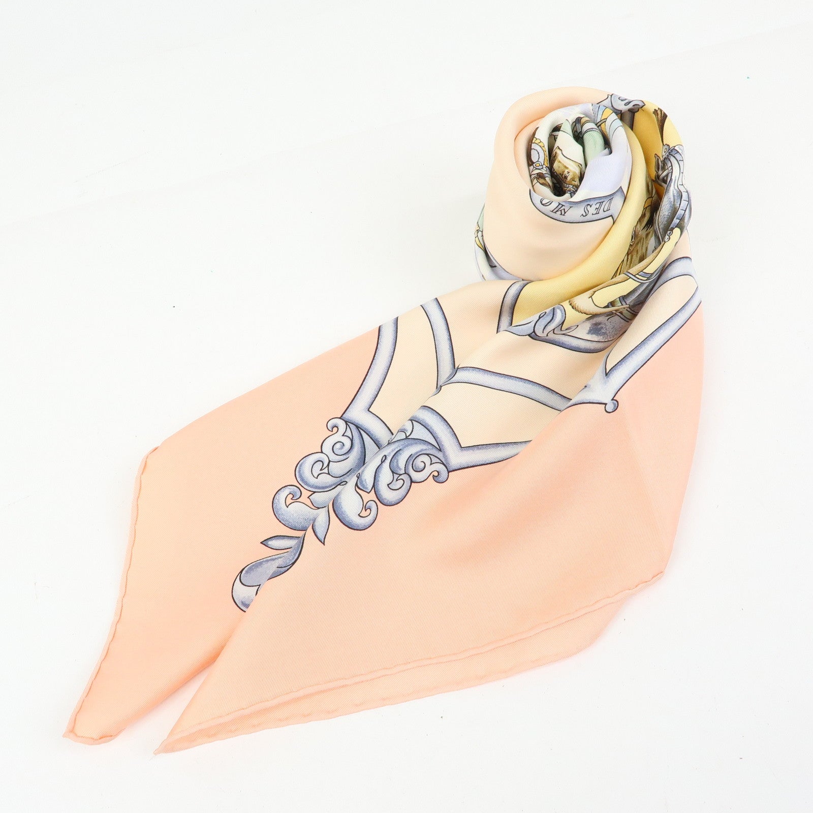 HERMES Carre 90 Silk 100% Scarf LES CHEVAUX DES MOGHOLS Pink Beige