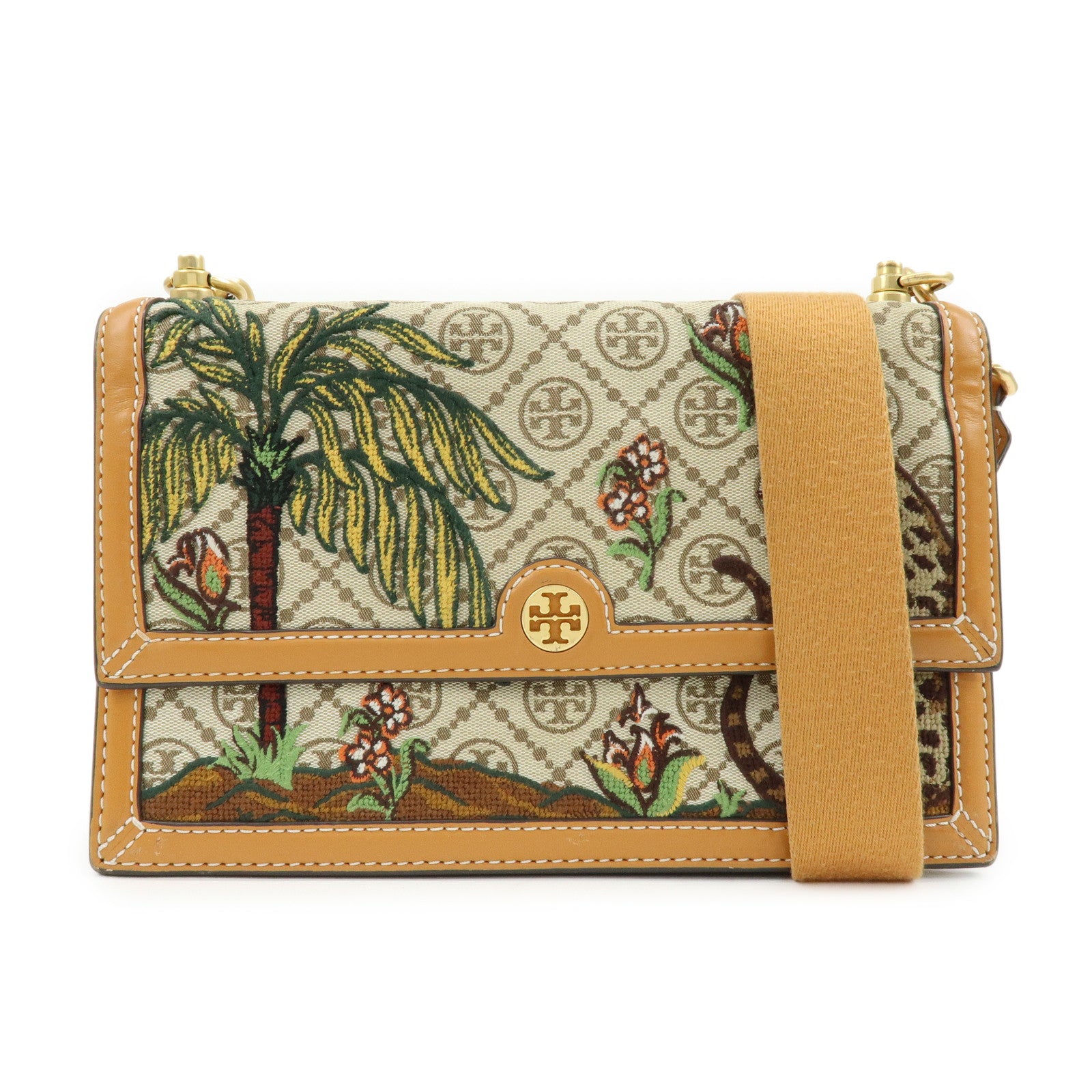 TORY BURCH T Monogram Jacquard Leather Shoulder Bag Leopard Beige