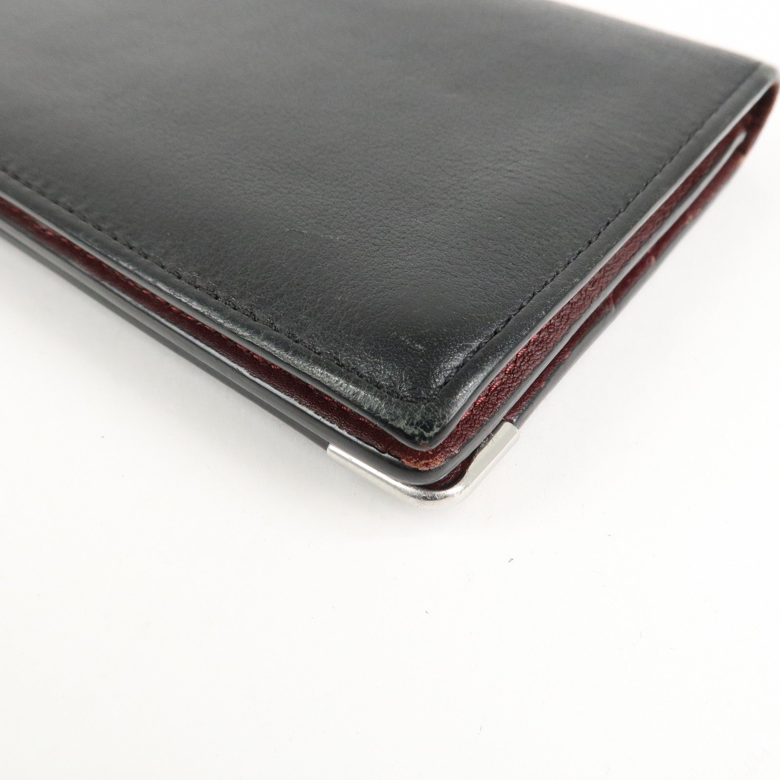 Cartier Leather Bi-fold Long Wallet Silver HDW Black Bordeaux Used