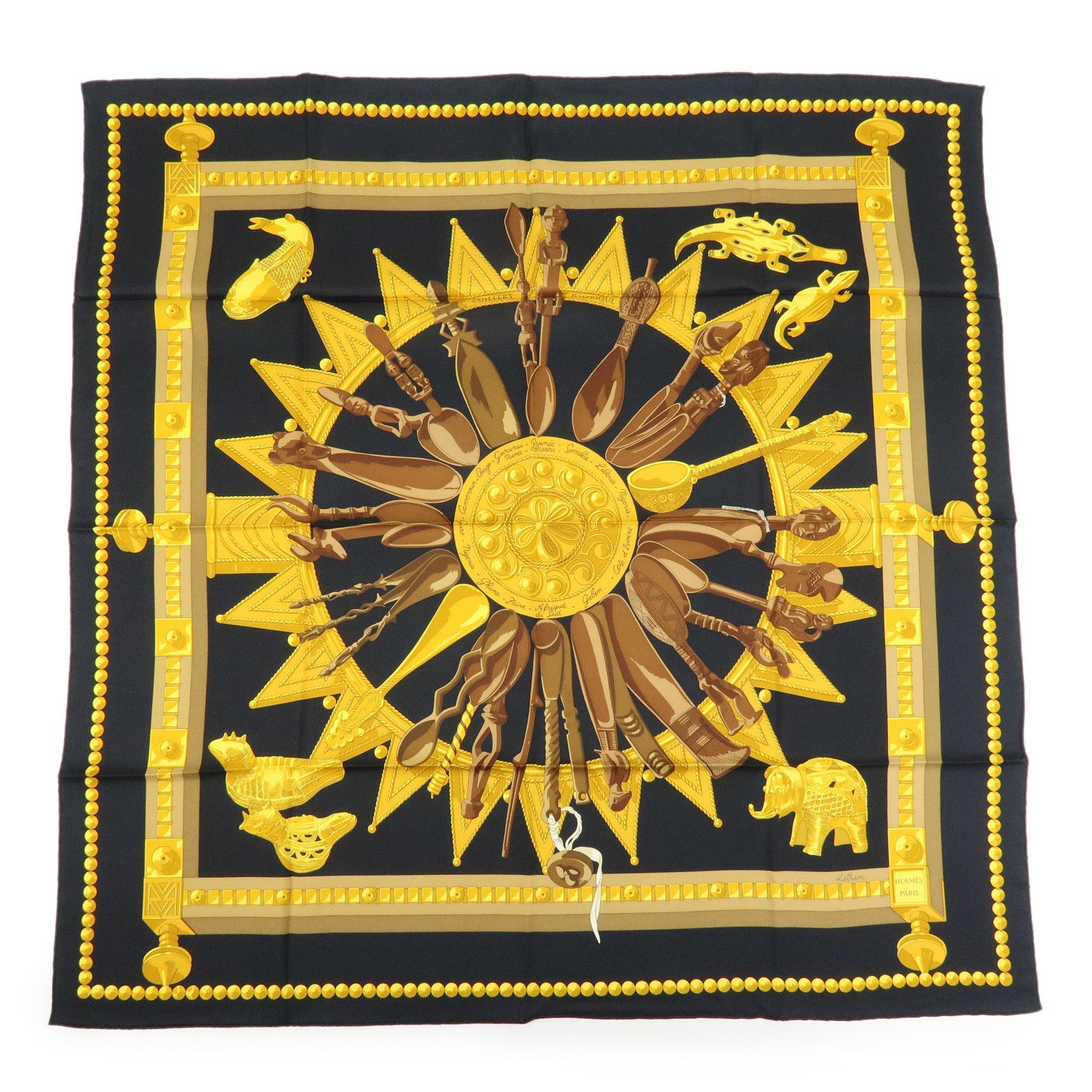 HERMES Carre 90 Silk 100% Scarf CUILLERS D'AFRIQUE Black Gold